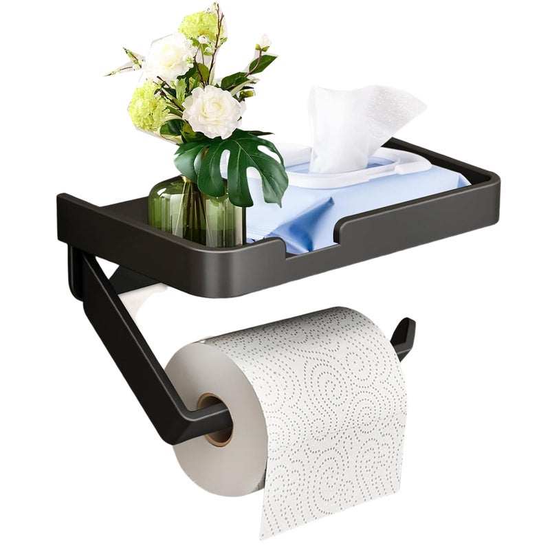 Uchwyt na papier toaletowy, półka do przechowywania, czarny, z półkami, nie wymaga wiercenia, odpowiedni do kuchni i łazienki