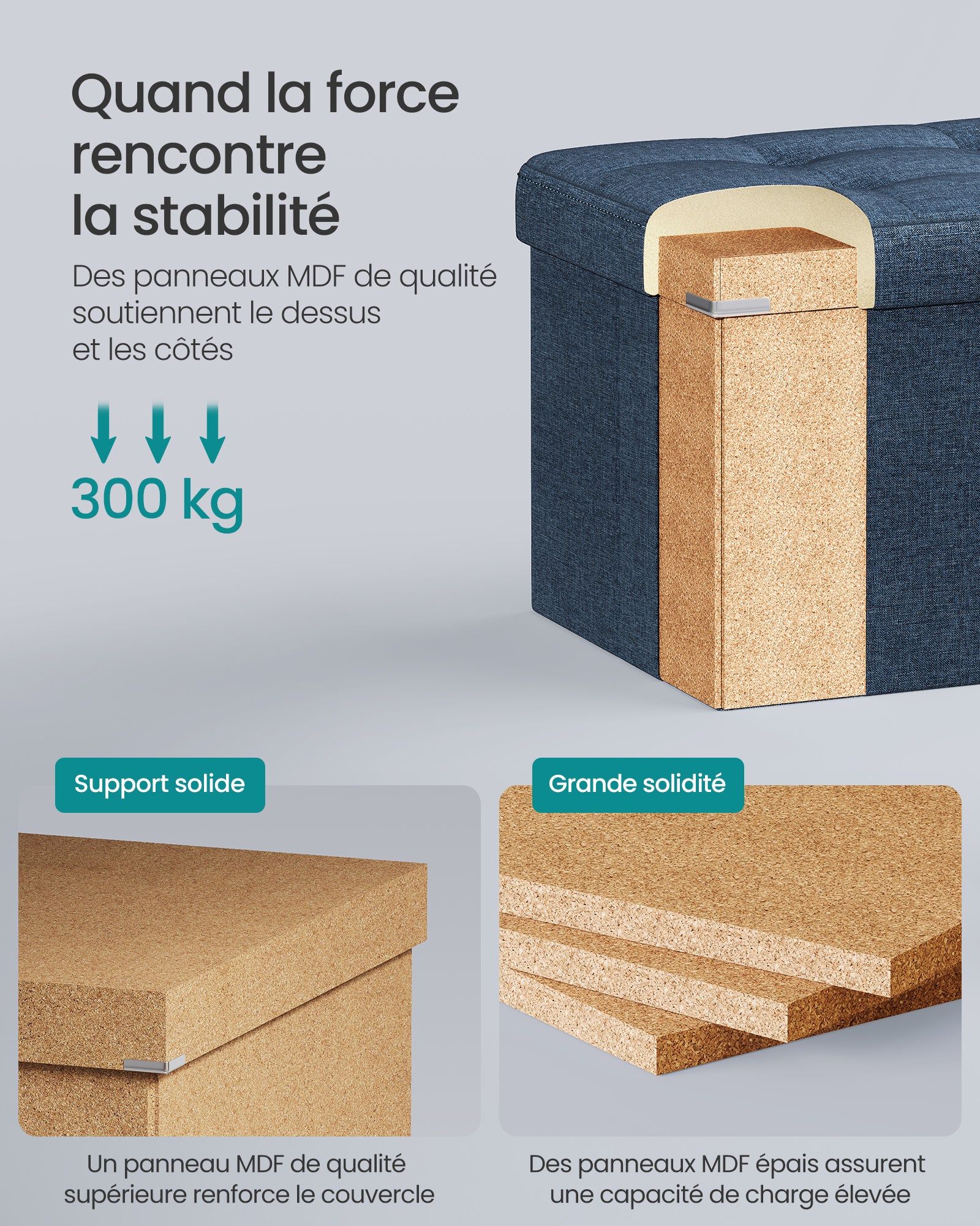Banc de Rangement Pliable de 110 cm, Coffre de Rangement, Tabouret Repose-Pieds, Pouf de Chambre, Bleu Nuit - 3