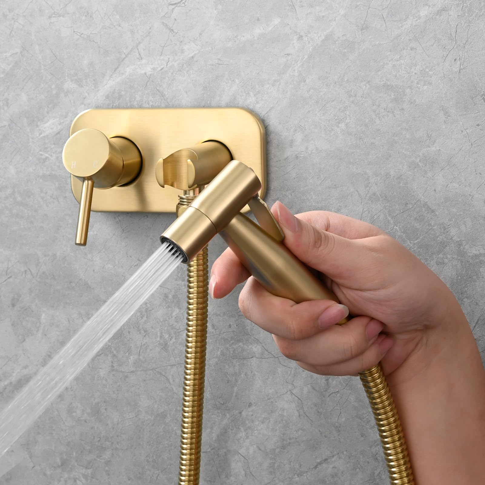 Kit Bidet Portatile in Acciaio Inossidabile, Doccetta WC con Tubo per Acqua Calda e Fredda, Set Completo Bagno, Finitura Oro Spazzolato - 4