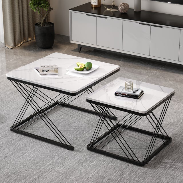 Zestaw 2 kwadratowych stolików kawowych - 60x60x45 + 45x45x40 cm - Efekt marmuru - Drewno MDF i metal - Biały + czarny