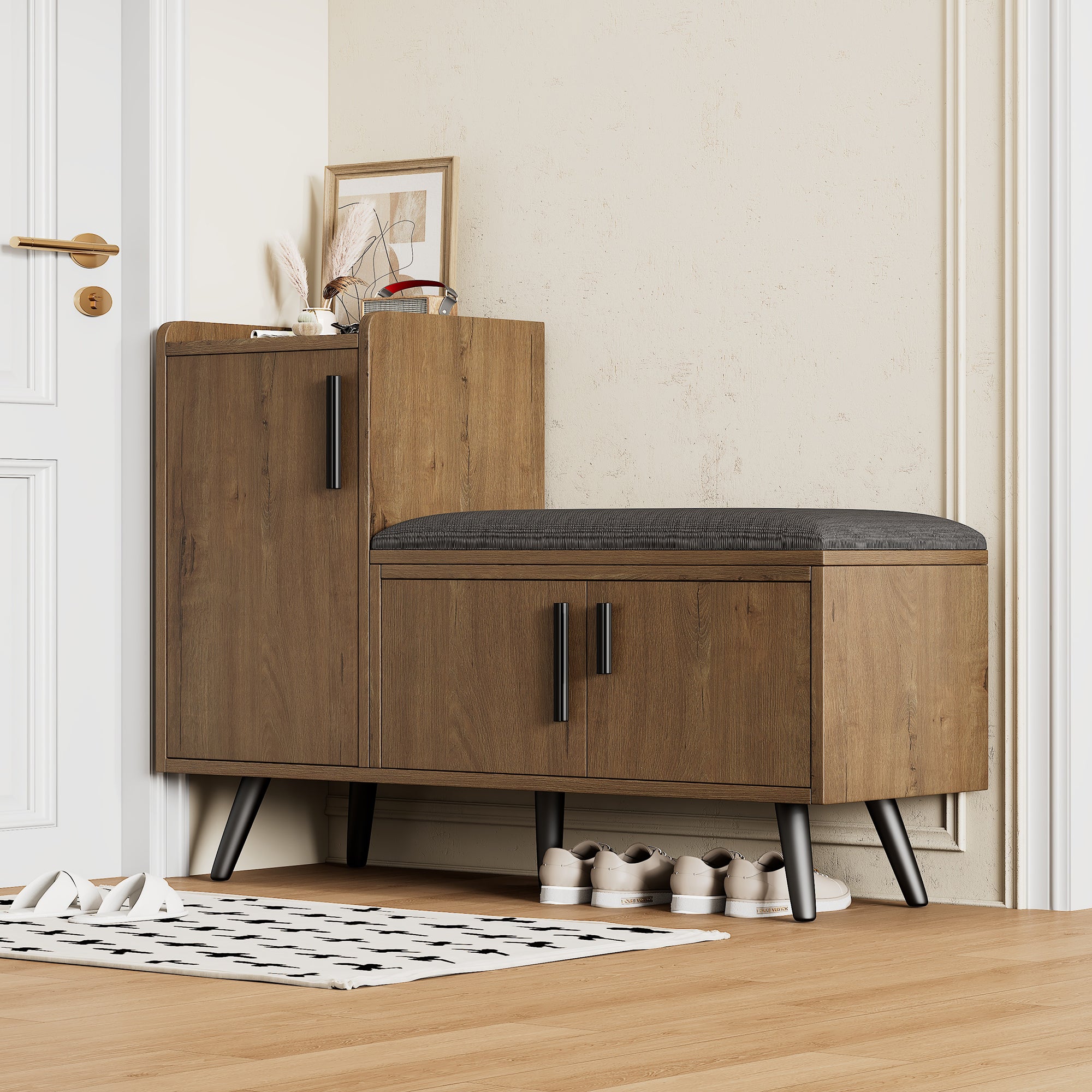 Panca moderna portascarpe con 3 ante e cuscino - gambe e maniglie in metallo - colore naturale - 100 x 34 x 69 cm - 4