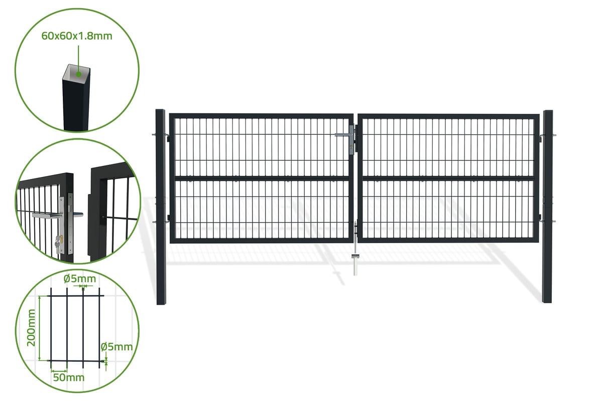 Brama z siatki metalowa dwuskrzydłowa 3m RAZO 300B100 Szara