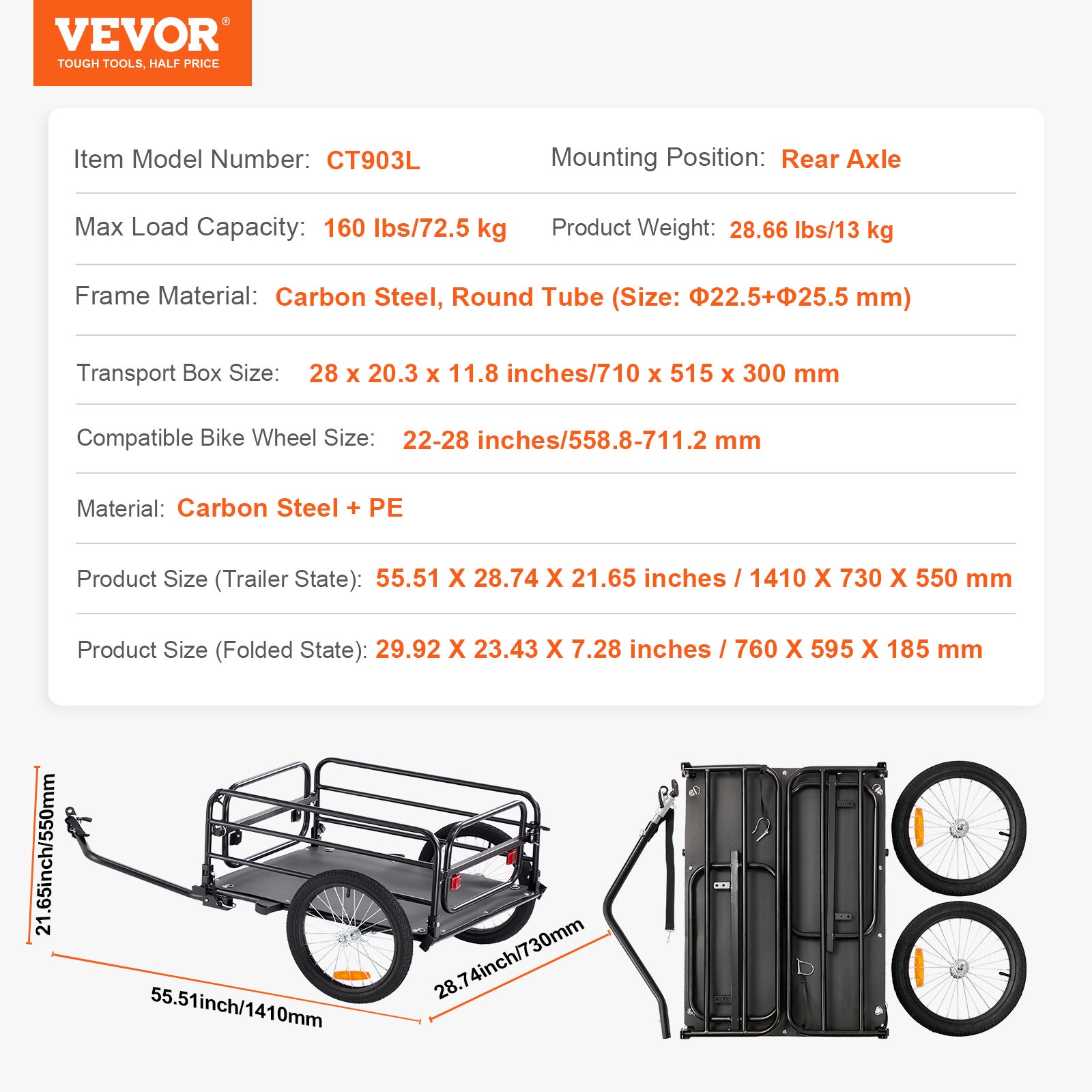 Remorque de vélo,VEVOR capacité de charge de 72,5 kg,chariot de vélo,rangement compact pliable et dégagement rapide avec attelage,roues de 406 mm, - 7