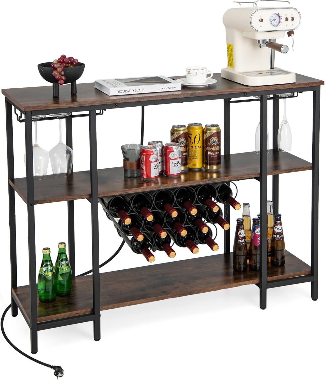 3-Poziomowy Regał na Butelki z Uchwytami – Barek na napoje z Uchwytem na Butelki i Zestawem Zabezpieczającym przed Przewróceniem, Kolor Brązowy