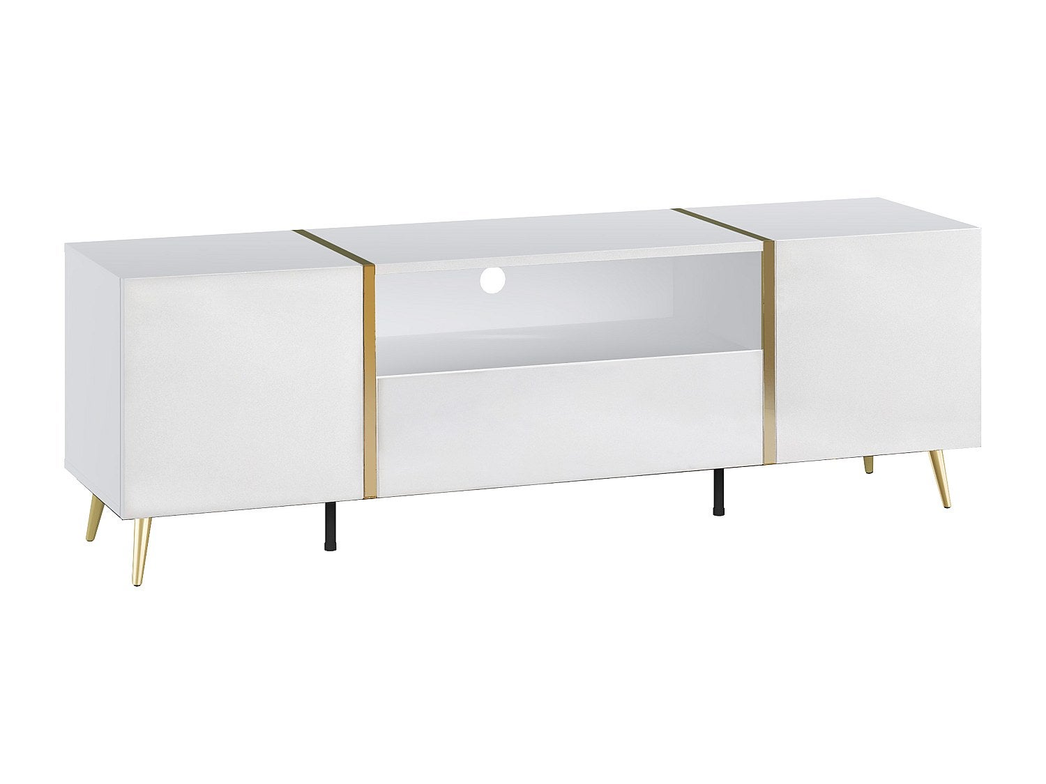 Meuble TV avec 2 portes, 1 tiroir et 1 niche - Blanc brillant et Doré - MARZIALO - 3