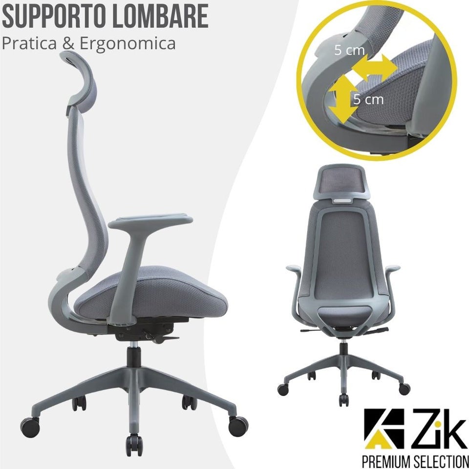 Fauteuil de bureau ergonomique pivotant, avec accoudoirs et appui-tête, assise coulissante et soutien lombaire, dossier oscillant, réglable - ZIK - 3