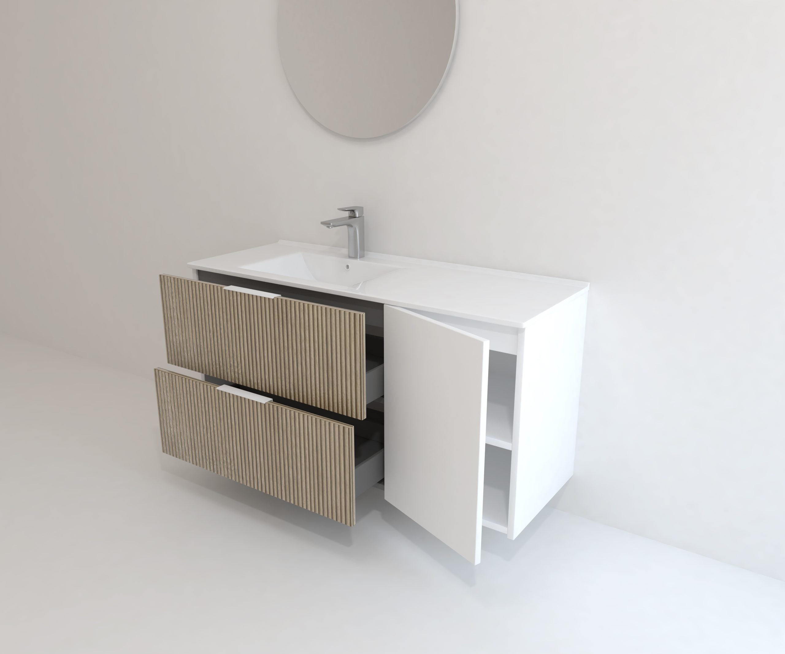 Meuble de salle de bain Mapau Pack avec lavabo et miroir circulaire BRIDAN deux tiroirs blanc mat 120cm - 5