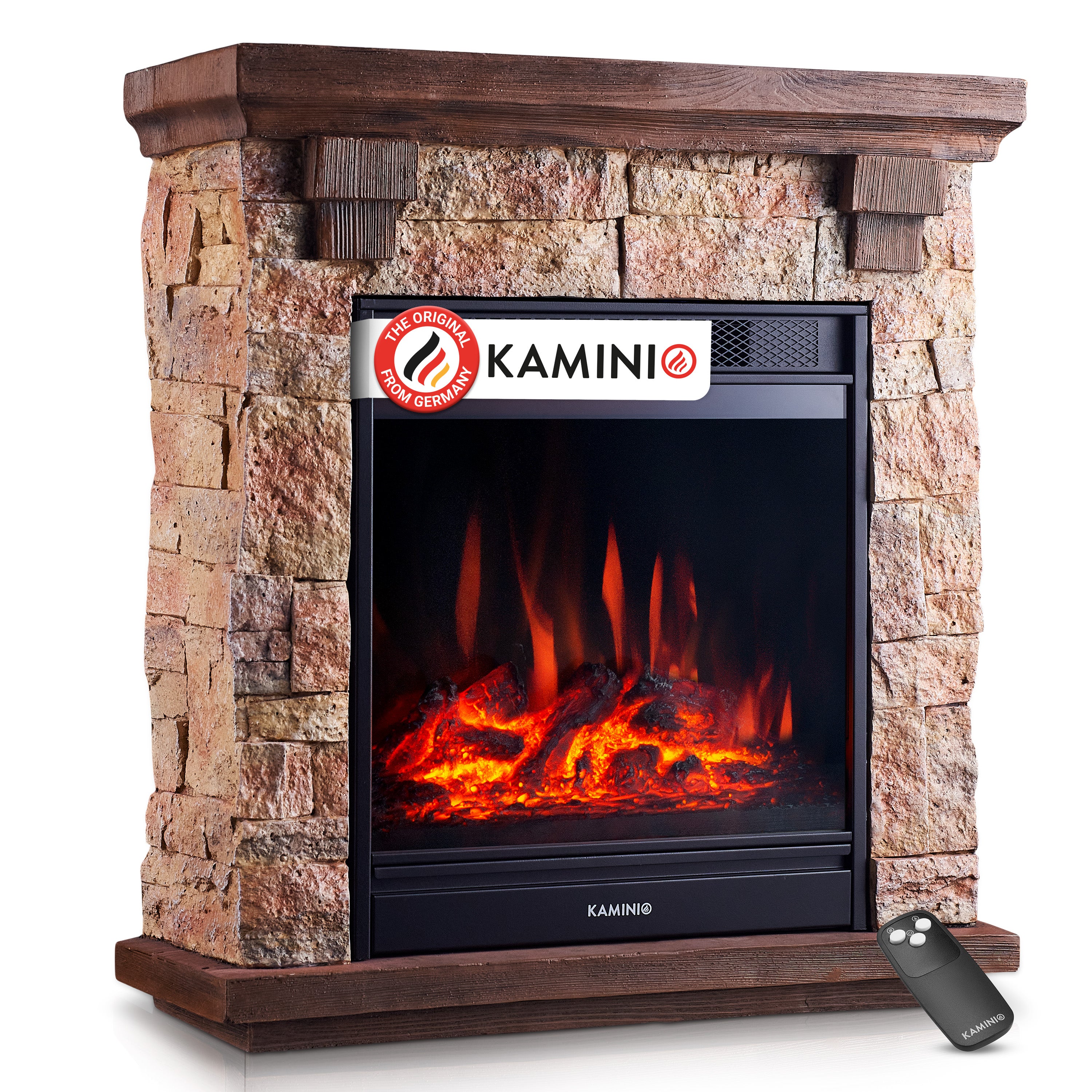 KAMINIO Kominek elektryczny JUAN – elektryczny kominek stojący o wyglądzie kamienia z ogrzewaniem, efektem płomienia 3D, pilotem – Beżowy