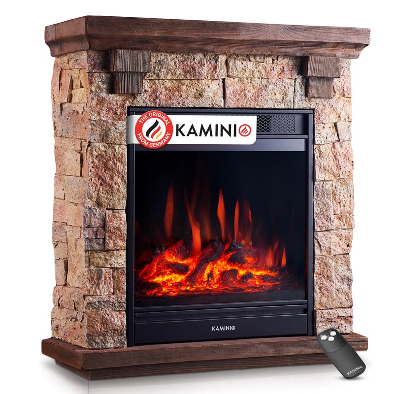 KAMINIO Kominek elektryczny JUAN – elektryczny kominek stojący o wyglądzie kamienia z ogrzewaniem, efektem płomienia 3D, pilotem – Beżowy