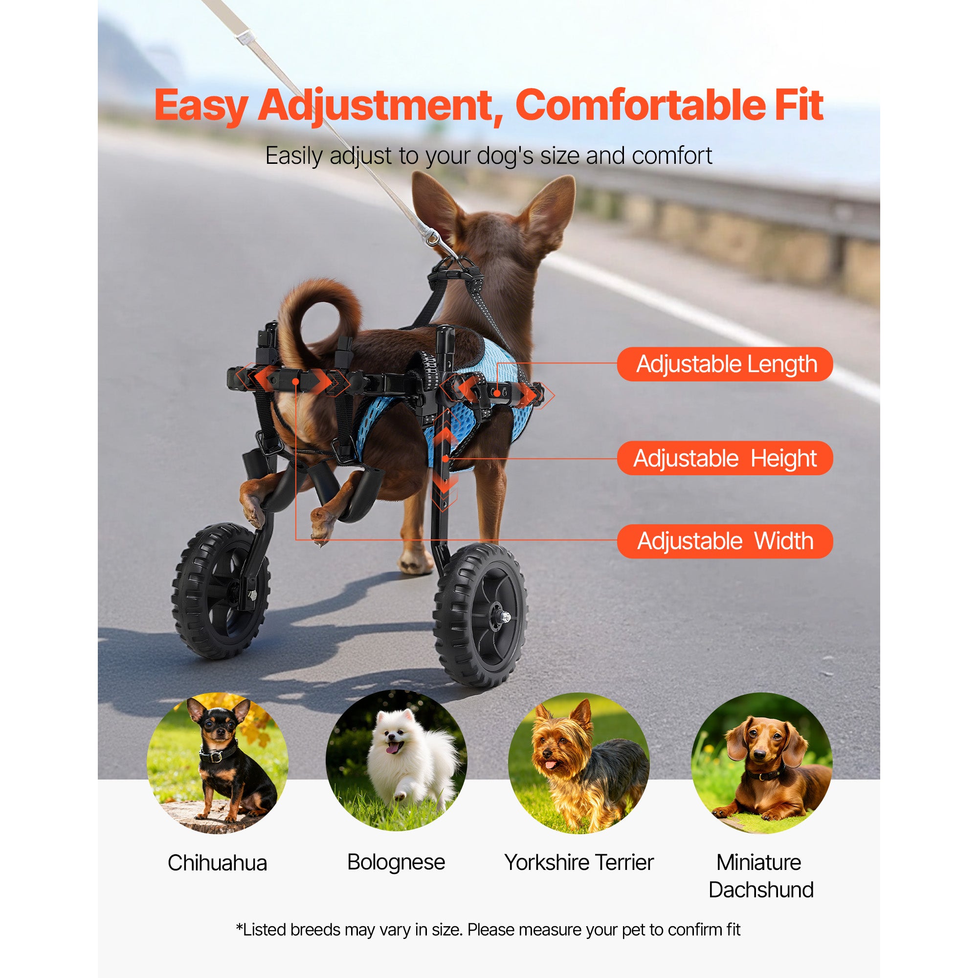 Cadeira de rodas leve para cães SucceBuy, carrinho de 2 rodas ajustável em altura, largura e comprimento, cães com deficiência até 10 kg, tamanho XS - 5