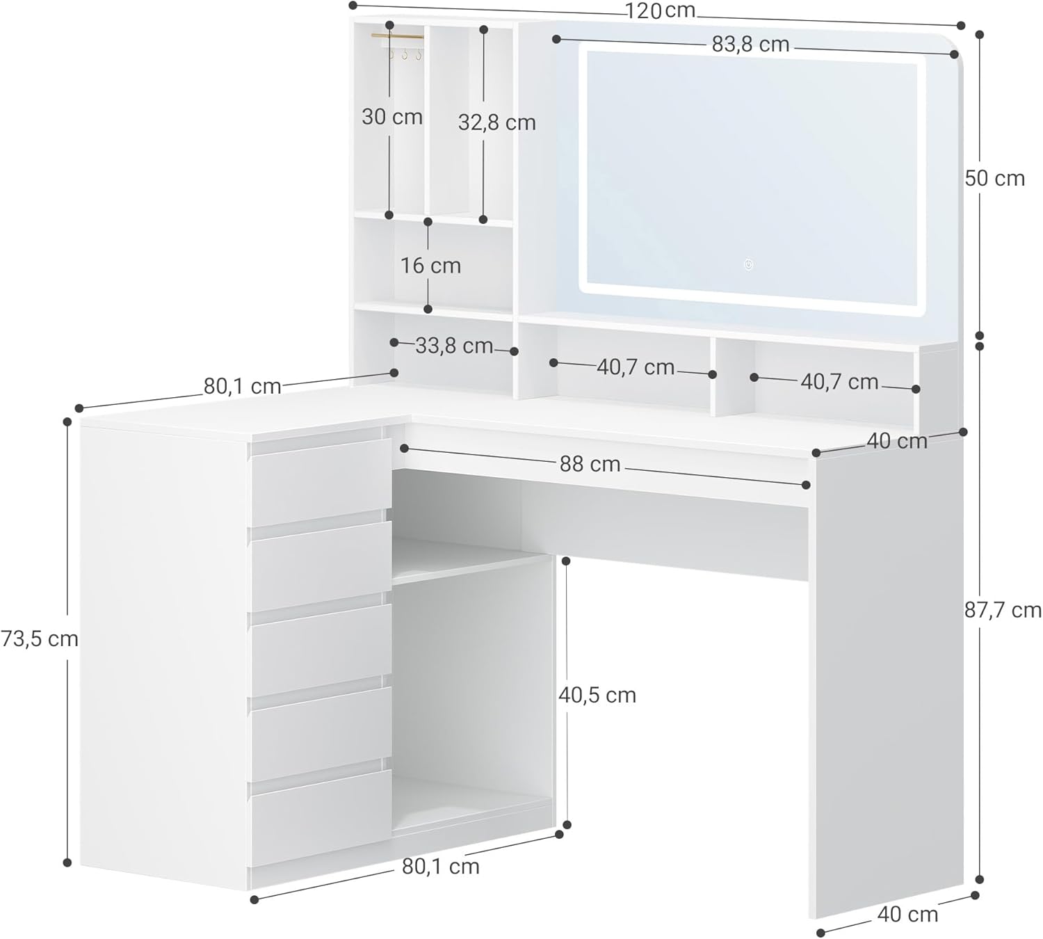Coiffeuse avec Grand Miroir, avec éclairage LED, Coiffeuse d'angle en L, avec 5 Tiroirs et 7 Compartiments Ouverts, Crochets pour Colliers,Blanc - 6