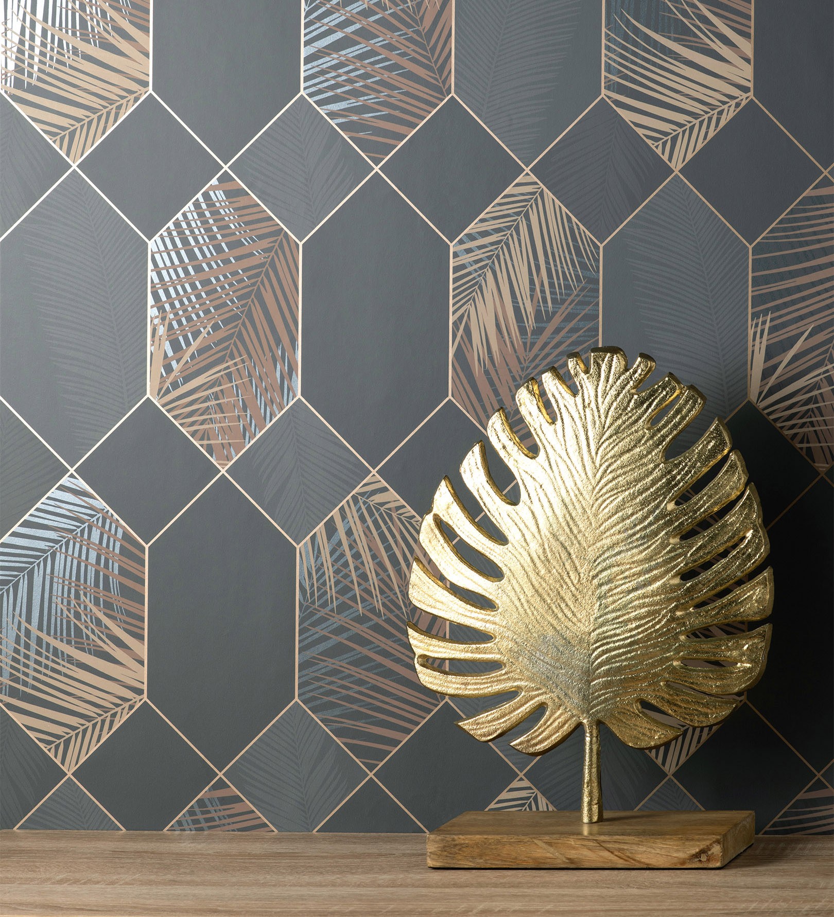 Papel pintado lavable geométrico panel hexagonal con hojas tropicales - tropical hive 681282 de gaulan - rollo de 10 m x 0,53 m