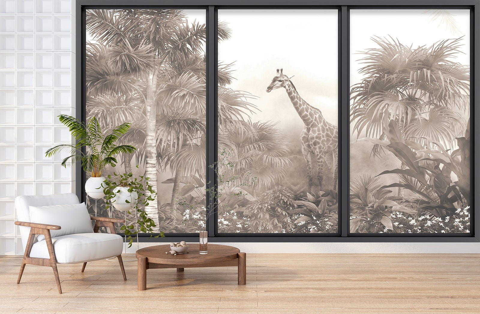 Papier peint panoramique intissé décoratif Trompe l'oeil baie vitrée - Jungle Girafe - L260 cm x H156 cm - 3