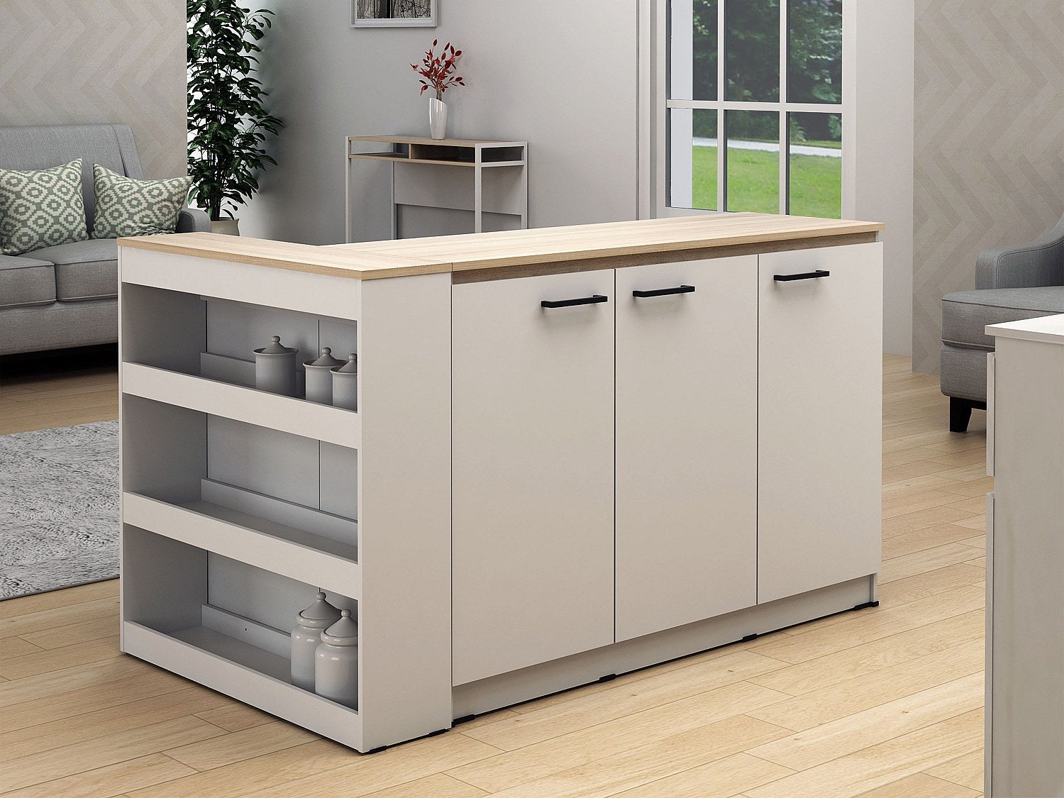 Ensemble îlot central de cuisine + 2 tabourets - Blanc et Naturel clair - NUSICE - 3