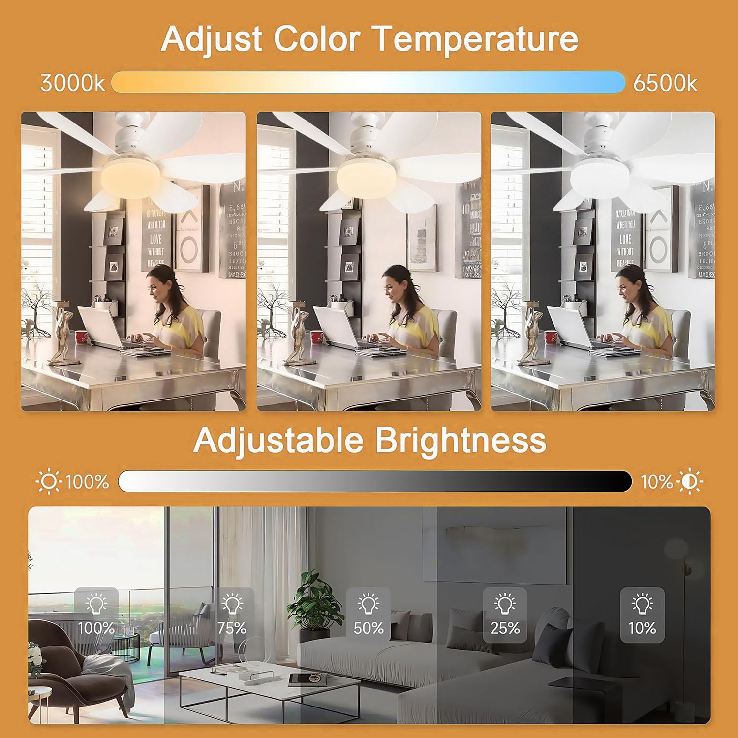 Ventilateur de plafond 52 cm avec rallonge et culot E27, petit ventilateur de plafond LED, trois températures de couleur,6 pales, 3 vitesses,minuterie - 2