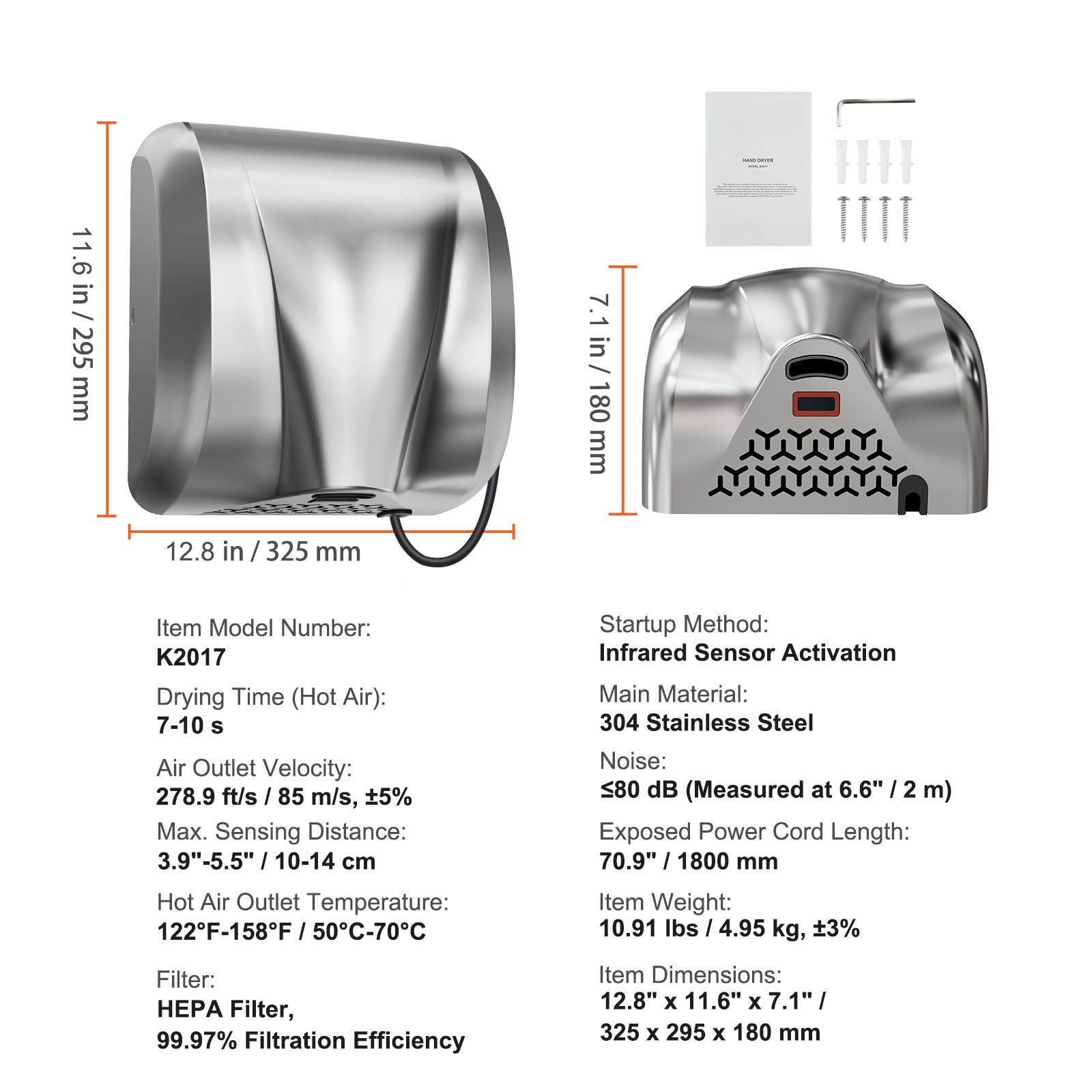 1800W sèche-mains commercial à usage intensif,SucceBuy ventilateur automatique à haute vitesse en acier inoxydable,220V-240V - 9