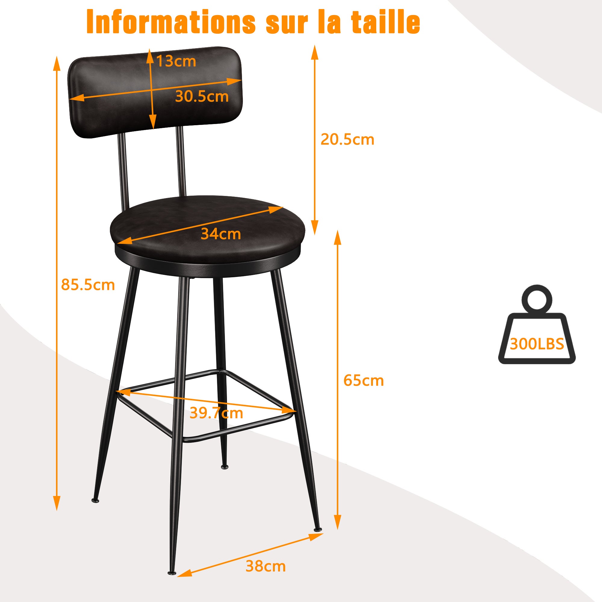 Tabouret de Bar,Lot de 2,Siège Rembourré,PU avec Coutures,Adapté pour Cuisine,Salle à Manger et Bar,Hauteur d'assise 65 cm,Noir - 5