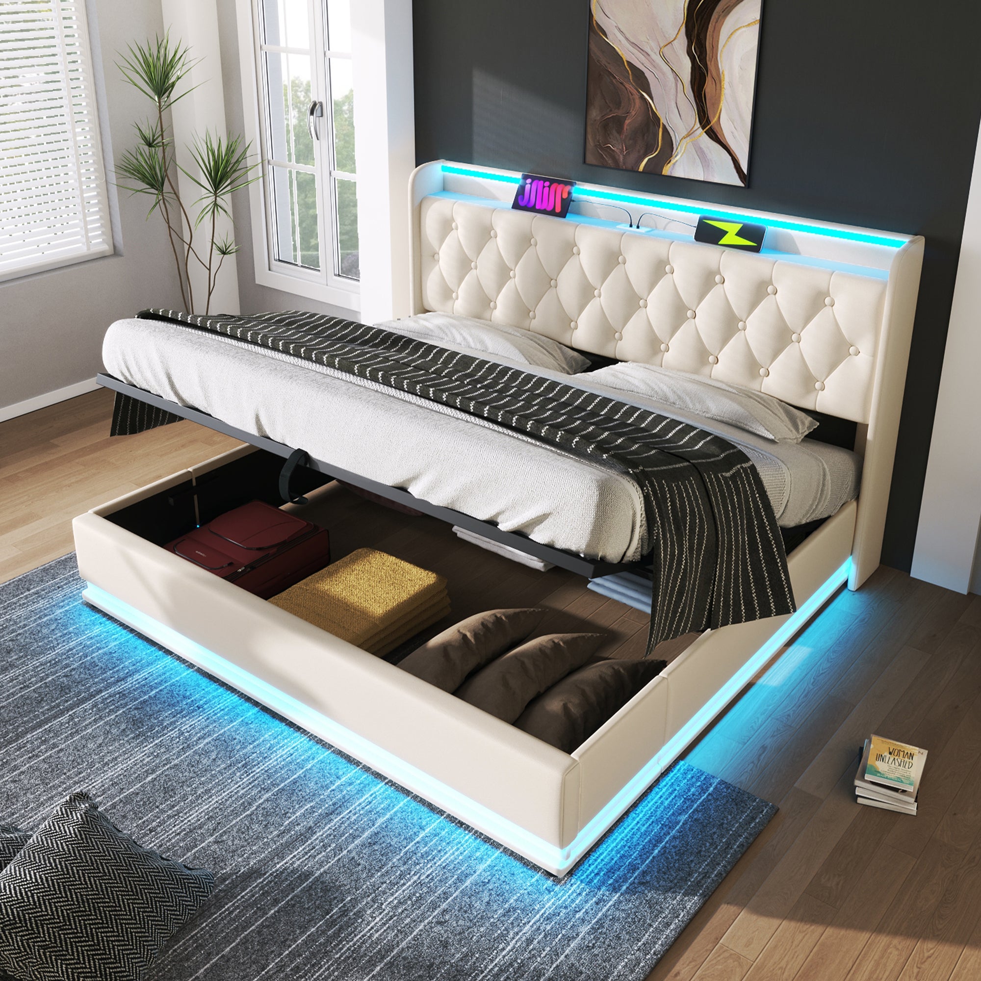 Letto contenitore 180x200 cm in similpelle - con LED e prese USB e Type ...