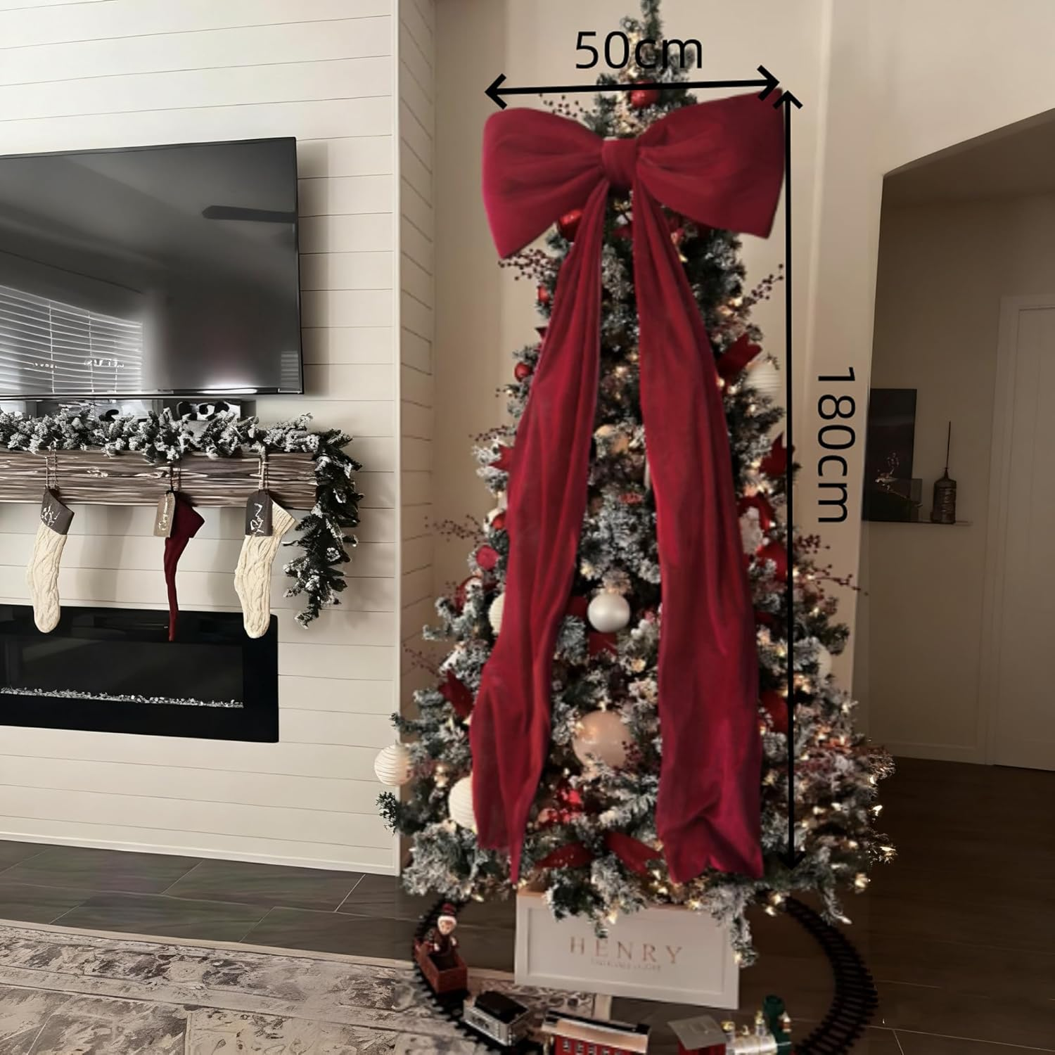 Décoration de Noël, grands nœuds de sapin de Noël, nœud en velours rouge pour décoration de sapin de Noël, mariages, fêtes, 180 cm x 50 cm - 4