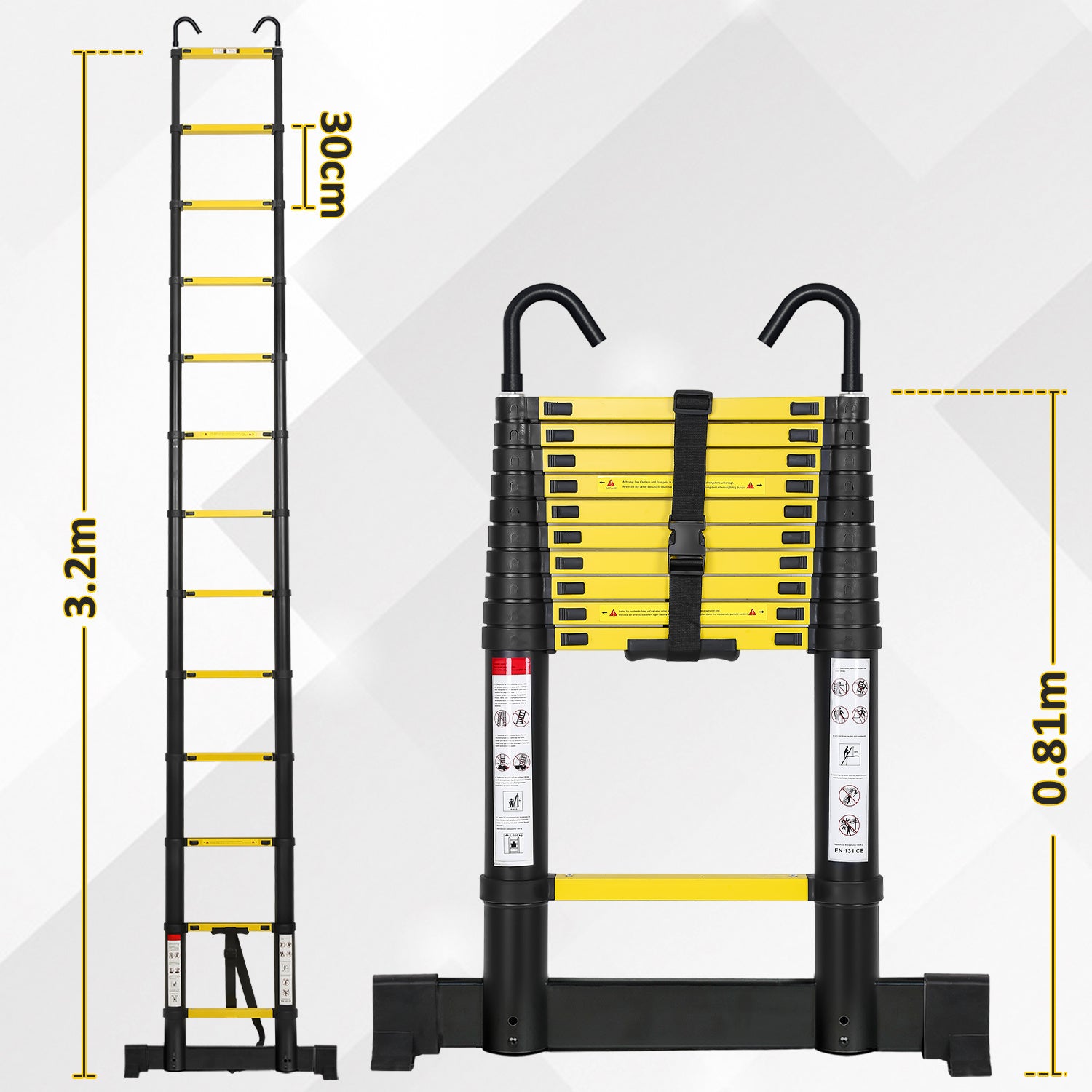 Escabeau echelle telescopique Premium 3,2m noire avec stabilisateur et crochets - 2