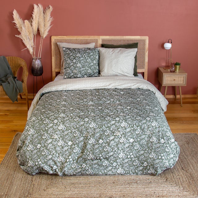 Parure de lit 3 pièces réversible motif floral - Kaki - 240x220 cm - Polyester