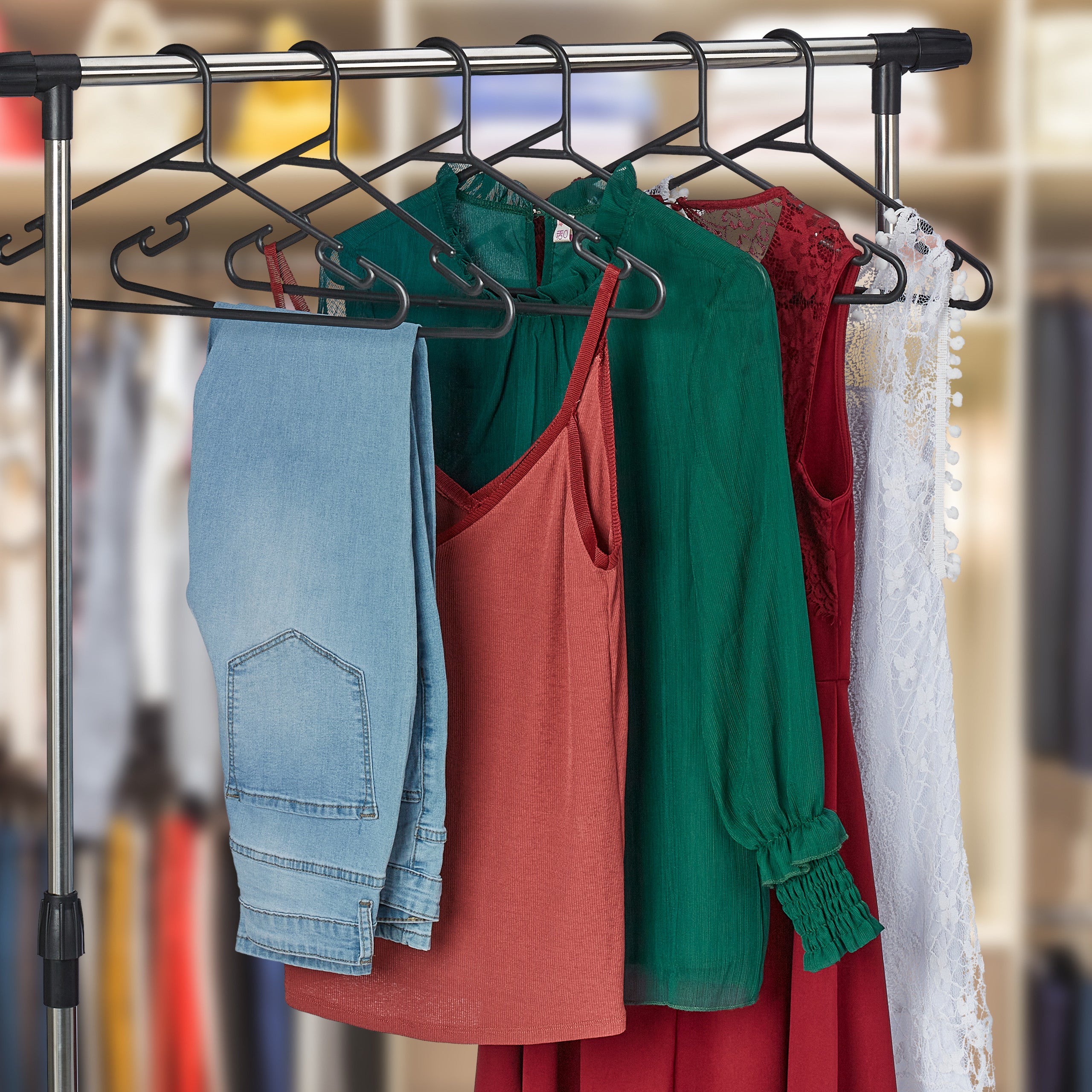 Cintres set de 24, traverse pantalon et encoche, plastique recyclé, rangement, peu encombrant, noir, Relaxdays - 2