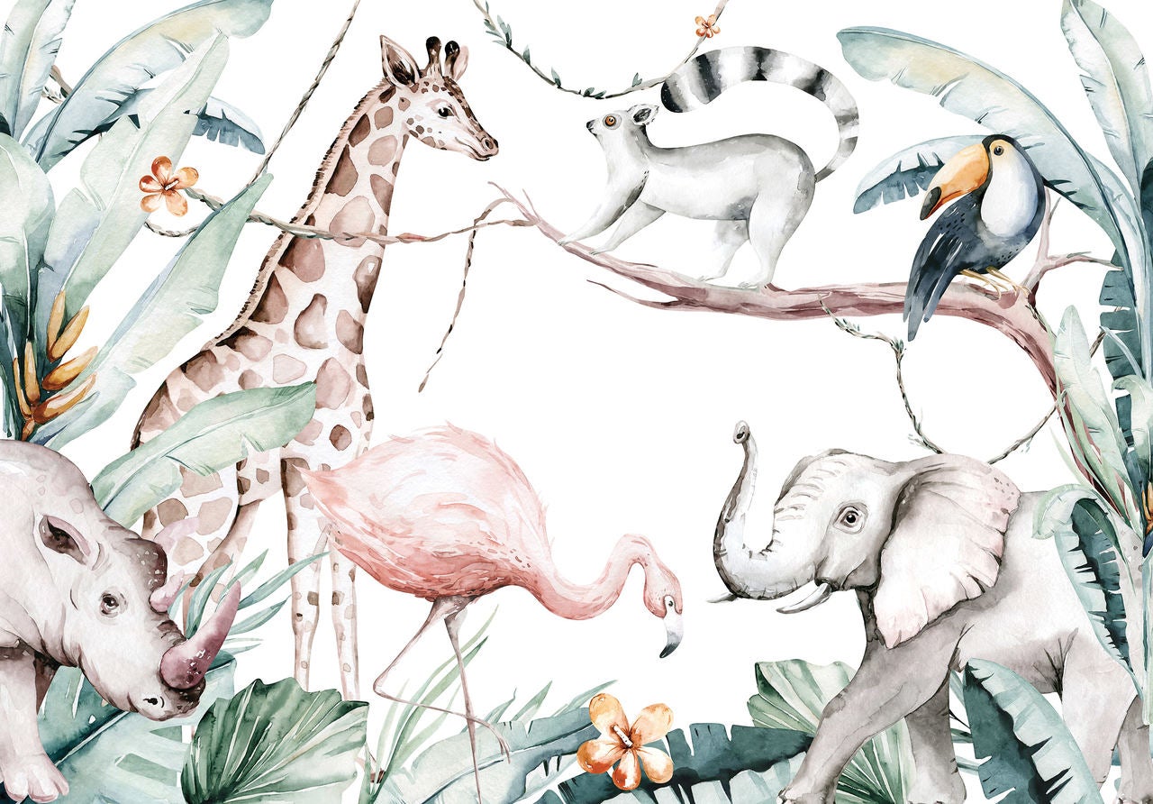 Papel pintado adhesivo fotografia panorámica niños selva animales chico chica 368x254 cm - incluye cola – moderno niños