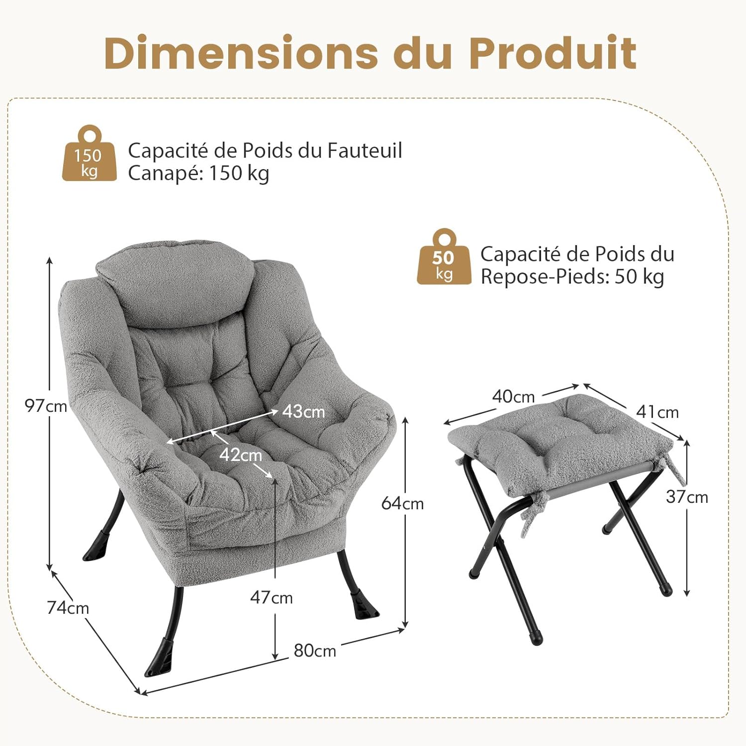 GIANTEX Poltrona Scandinava Relax Con Tasca – Grigio – 75x81x94,5 Cm – Soggiorno, Ufficio, Camera