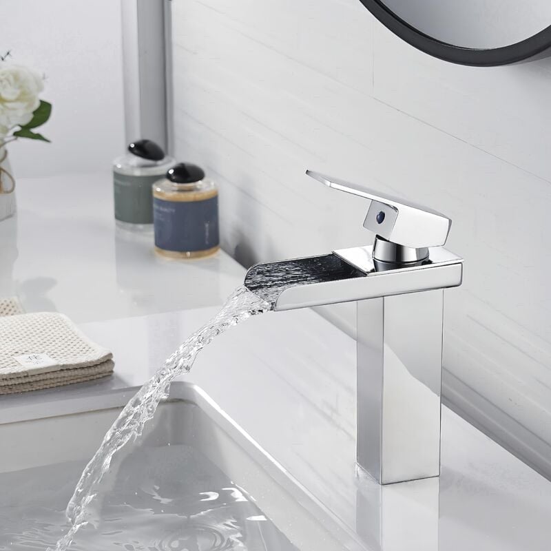 język Robinet Salle Bain Cascade Chromé Mitigeur Lavabo en Laiton Moderne Carré Robinet Lavabo Bec Large Mitigeur Salle de Bain Robinet Lave, G3/8