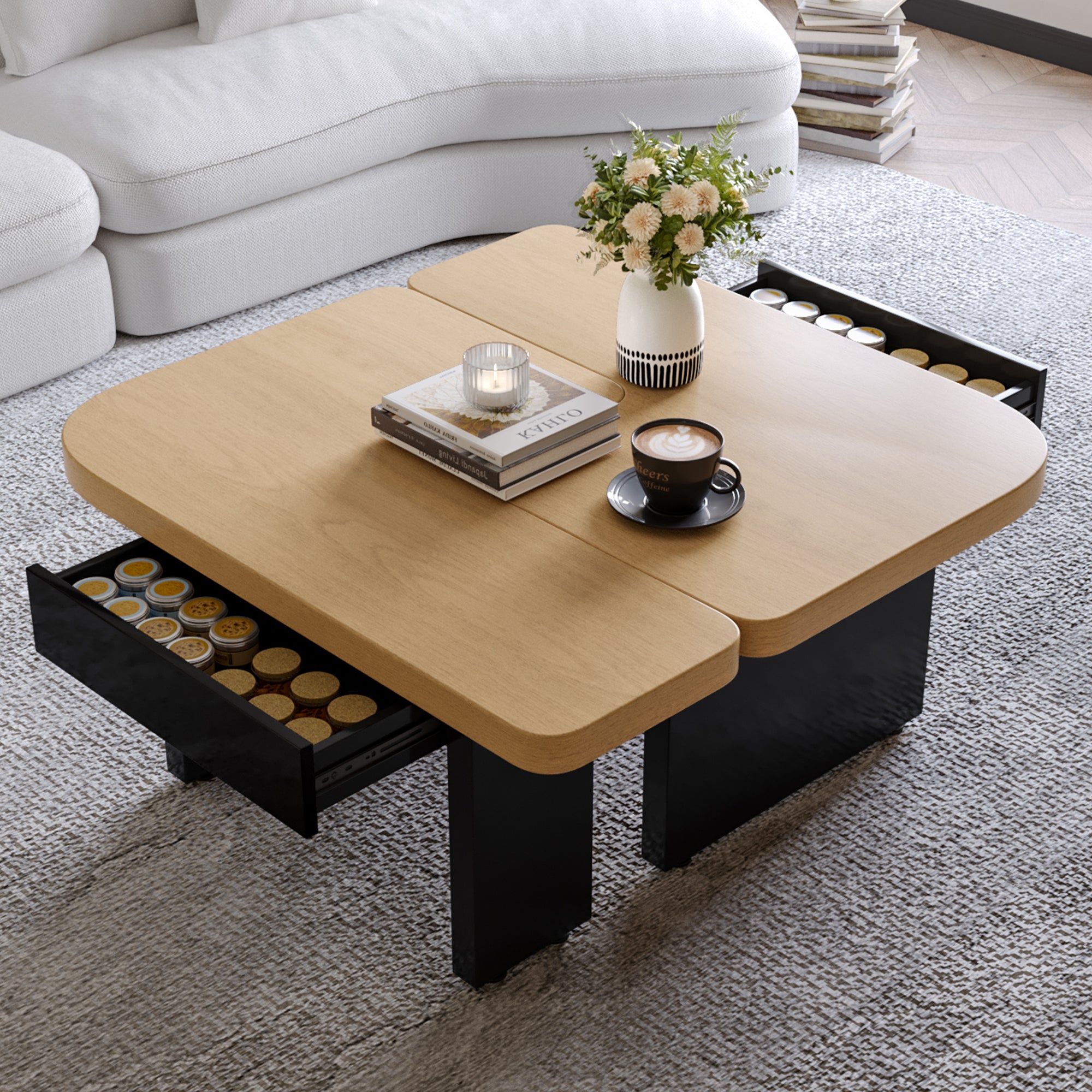 Table Basse 2,en,1 avec LED et 2 Tiroirs, Pieds Réglables, MDF ...