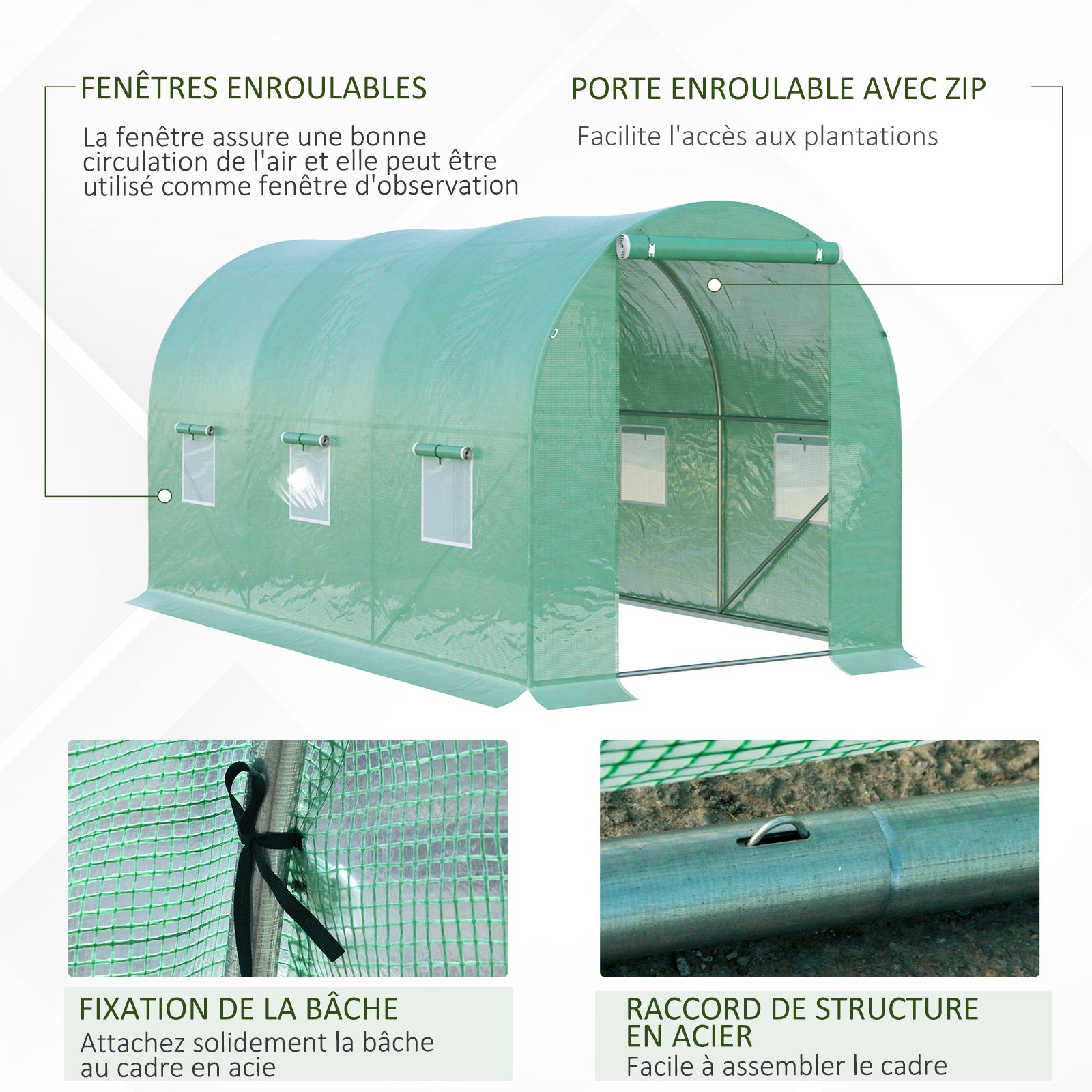 Outsunny Serre de Jardin Tunnel 8 m² 4L x 2l x 1,9H m Acier galvanisé renforcé diamètre 2,4 cm + PE Haute densité fenêtres Porte - 8