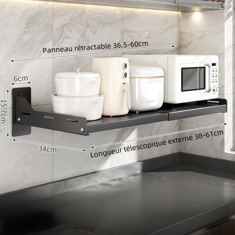 Étagère de cuisine extensible pour micro-ondes, installation sans perçage, porte-four mural, (36.5-60)*34*15.7cm, Noir - 7