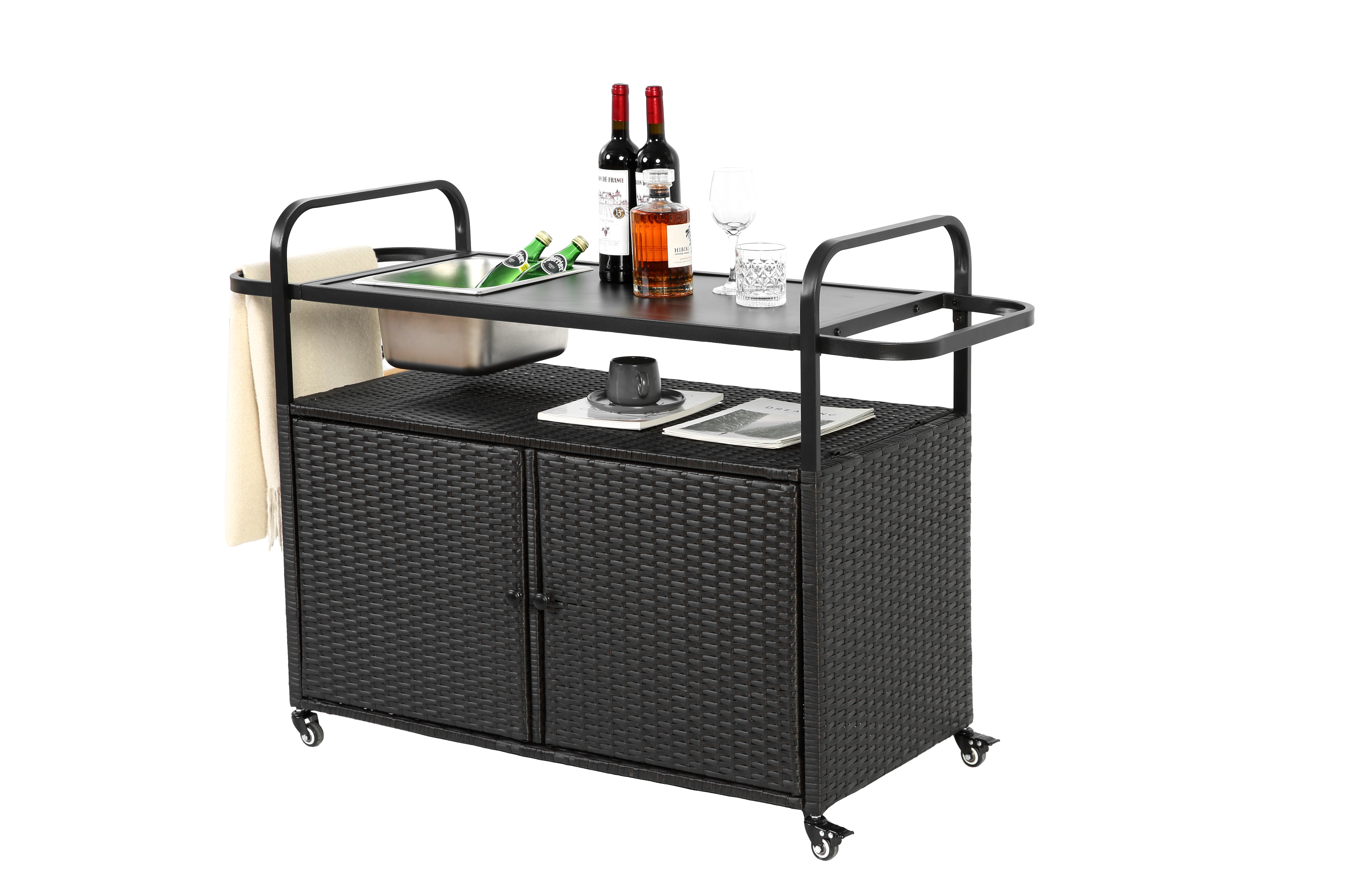 Table de Bar Extérieur en Rotin avec Armoire, Seau à Glace et Panier Latéral, Plateau Acier, Roues Verrouillables, Noir - 5