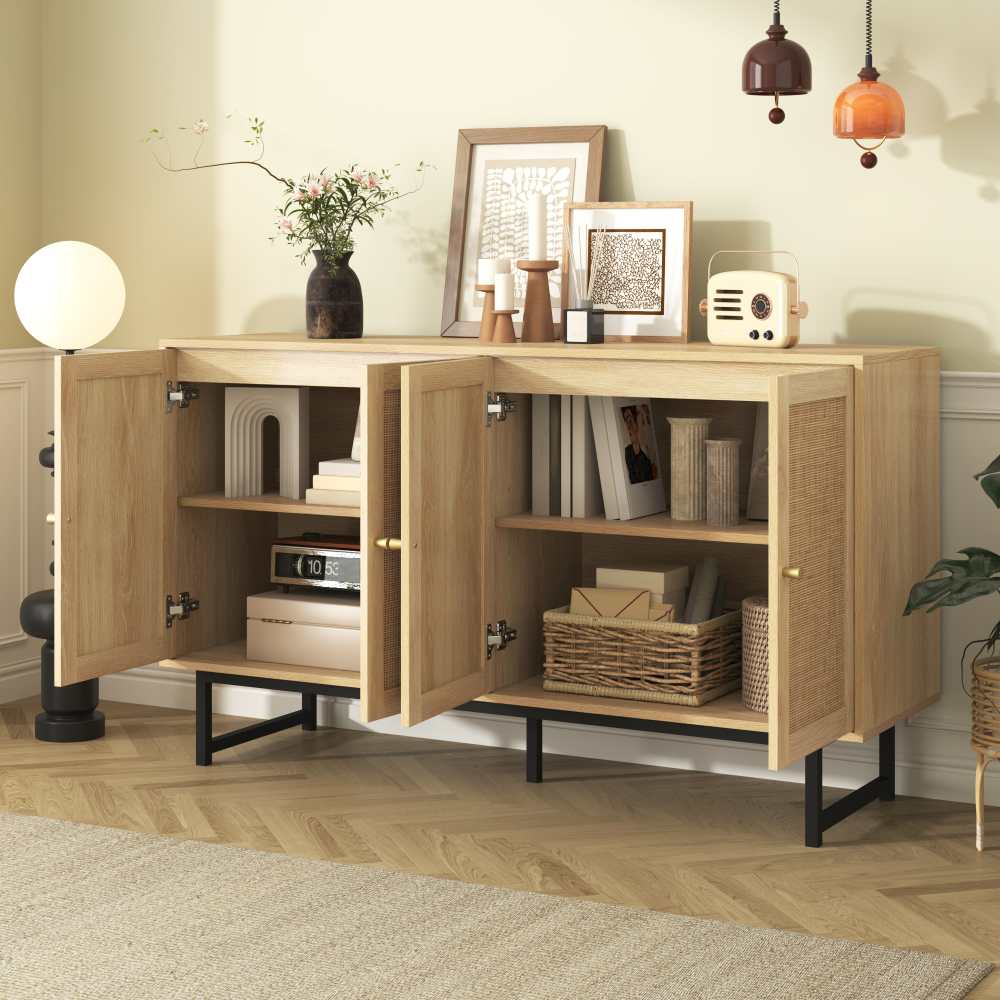 Komoda 140x39,5x80 cm z naturalnego rattanu, 4 drzwi, styl drewniany z matowymi złotymi uchwytami - 5