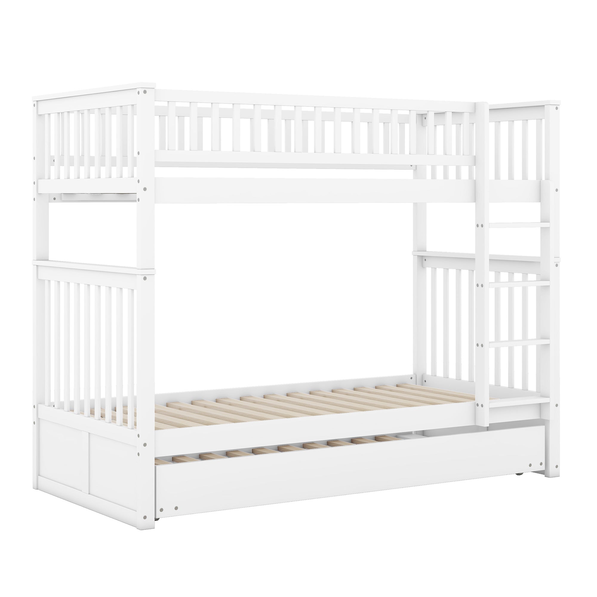 Lit superposé 2x90x200cm avec un lit gigogne 90x190cm - avec garde-corps et escalier - Blanc - 4