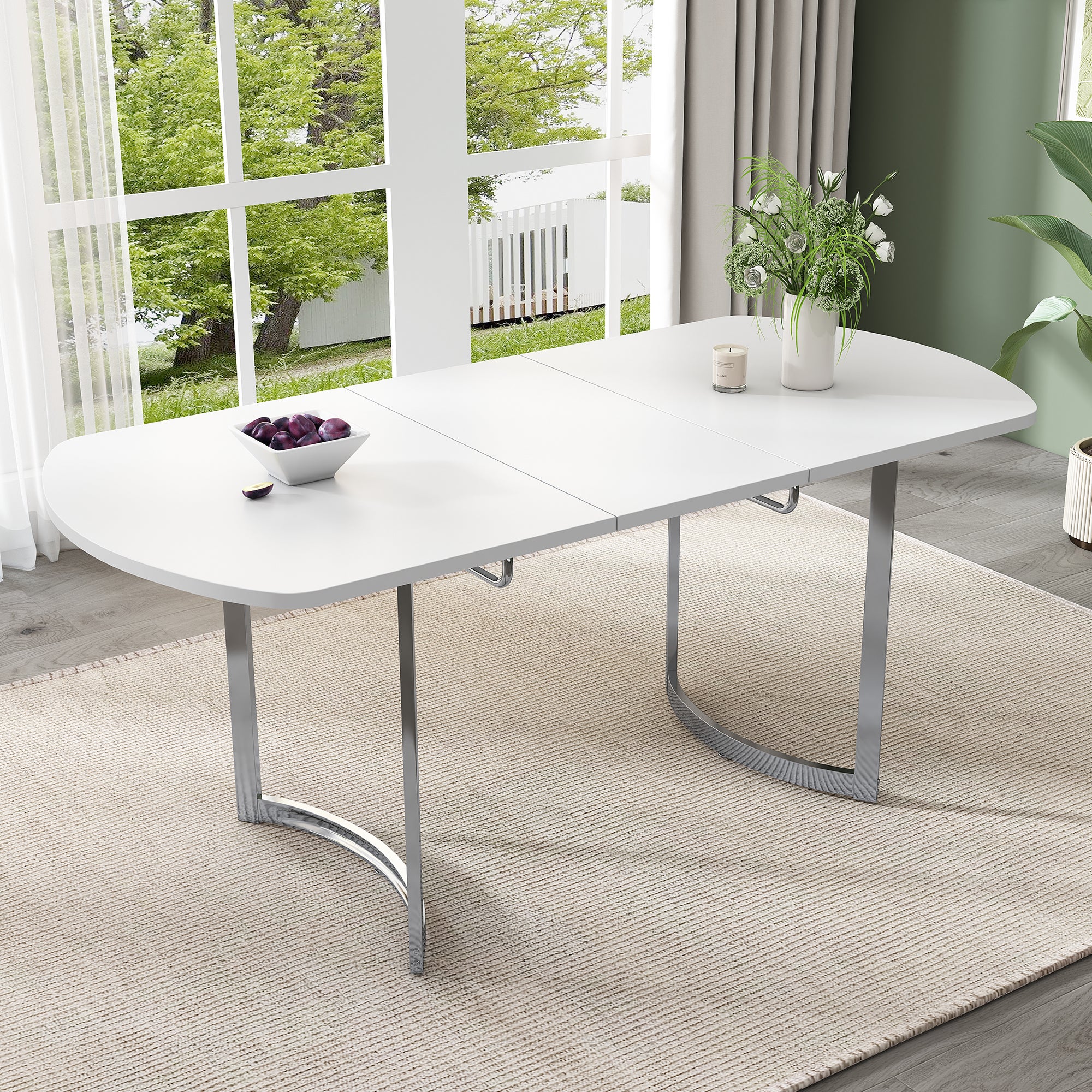 Rozkładany stół jadalny dla 4-6 osób - 140/180 x 80 x 75,5 cm - nogi z płyty MDF i metalu - biały + srebrny