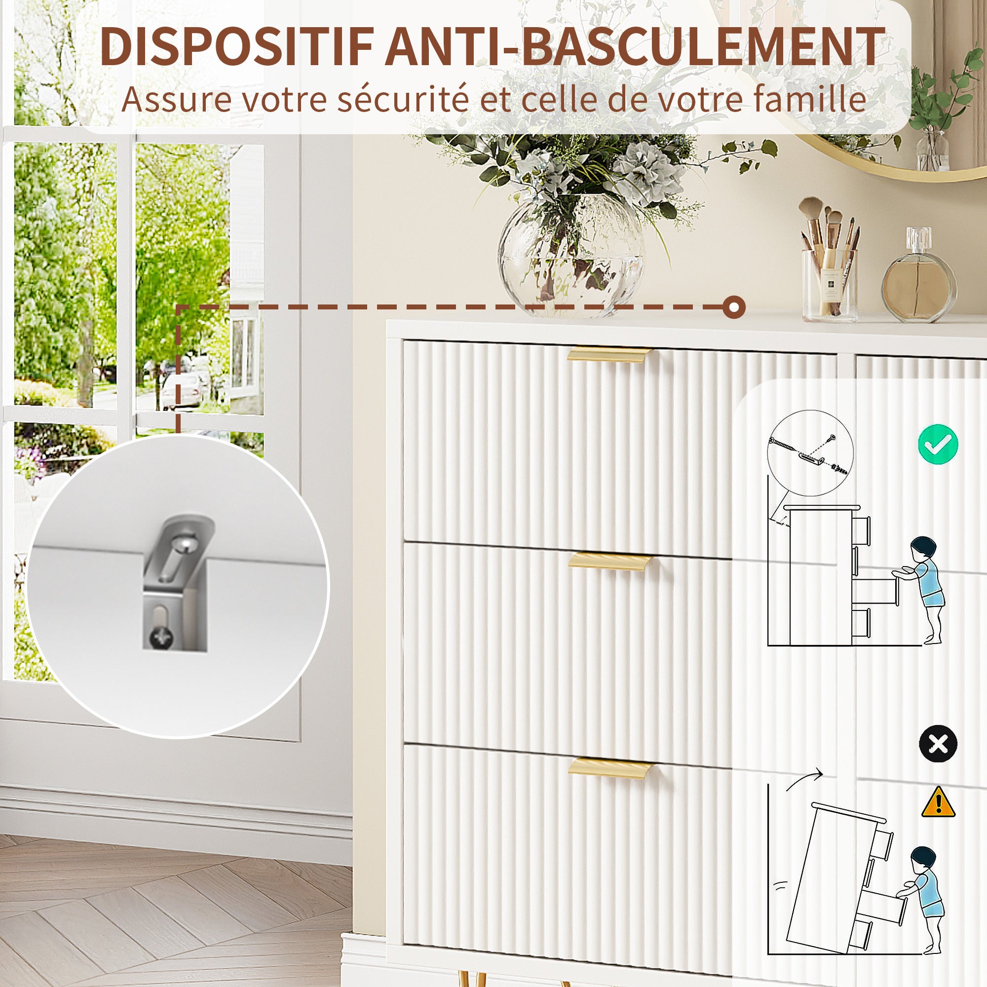 Commode à 6 tiroirs - 100x34x73cm - avec poignées et pieds en métal doré - designe moderne - blanc - 7