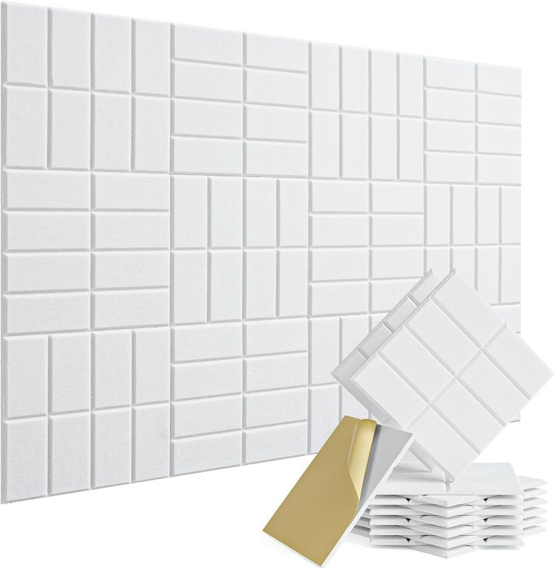 12 kwadratowych rowków, dźwiękochłonnych paneli z włókna poliestrowego, białe, 30 x 30 cm (z klejem)
