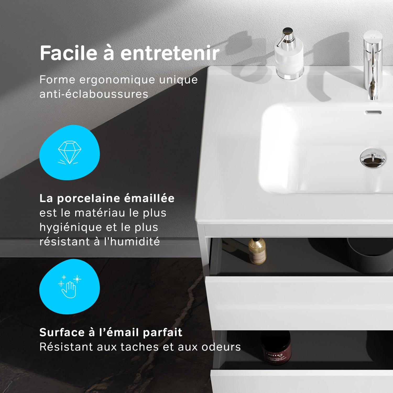 Meuble salle de bains suspendu 80 cm effet bois clair avec lavabo intégré, 2 tiroirs, design, Blanc Brillant – AM.PM - 5