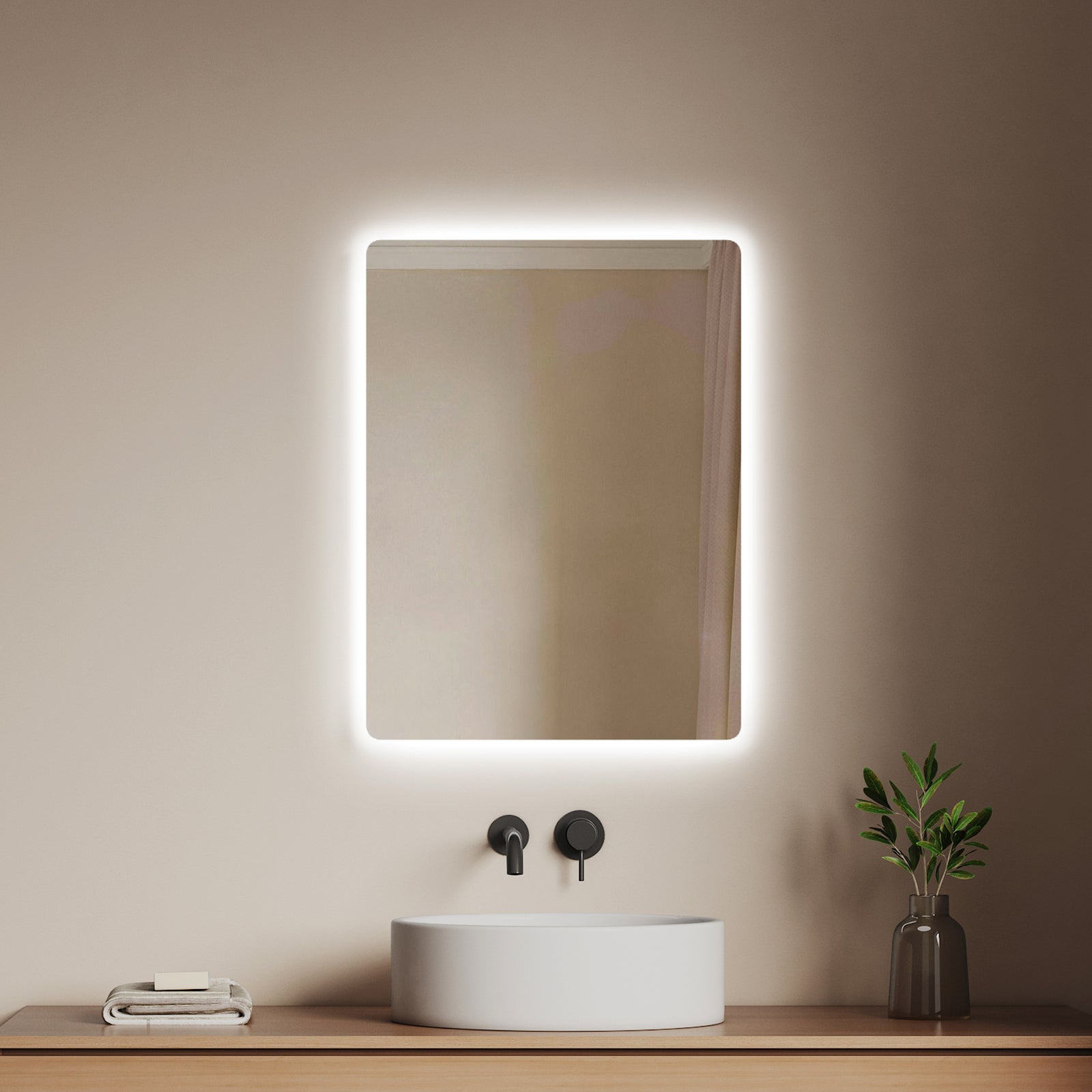 EMKE Lustro łazienkowe z oświetleniem LED 60x45 cm, z 3000/6500K, przeciwmgielne, funkcja pamięci, włącznikiem przyciskowym, bezramowe