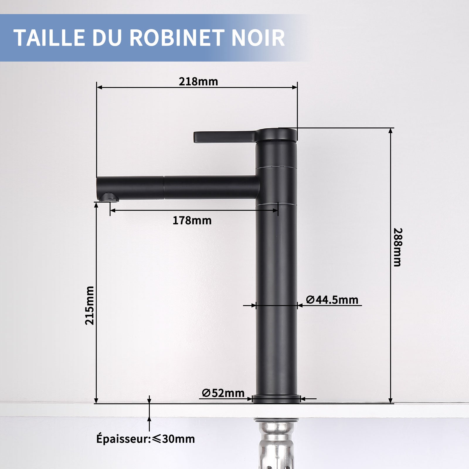 Mitigeur de Lavabo Noir Haut Bec Robinet de Salle de Bain Pivotant 360° Robinetterie de Lavabo pour Vasque en Acier Inox - 8