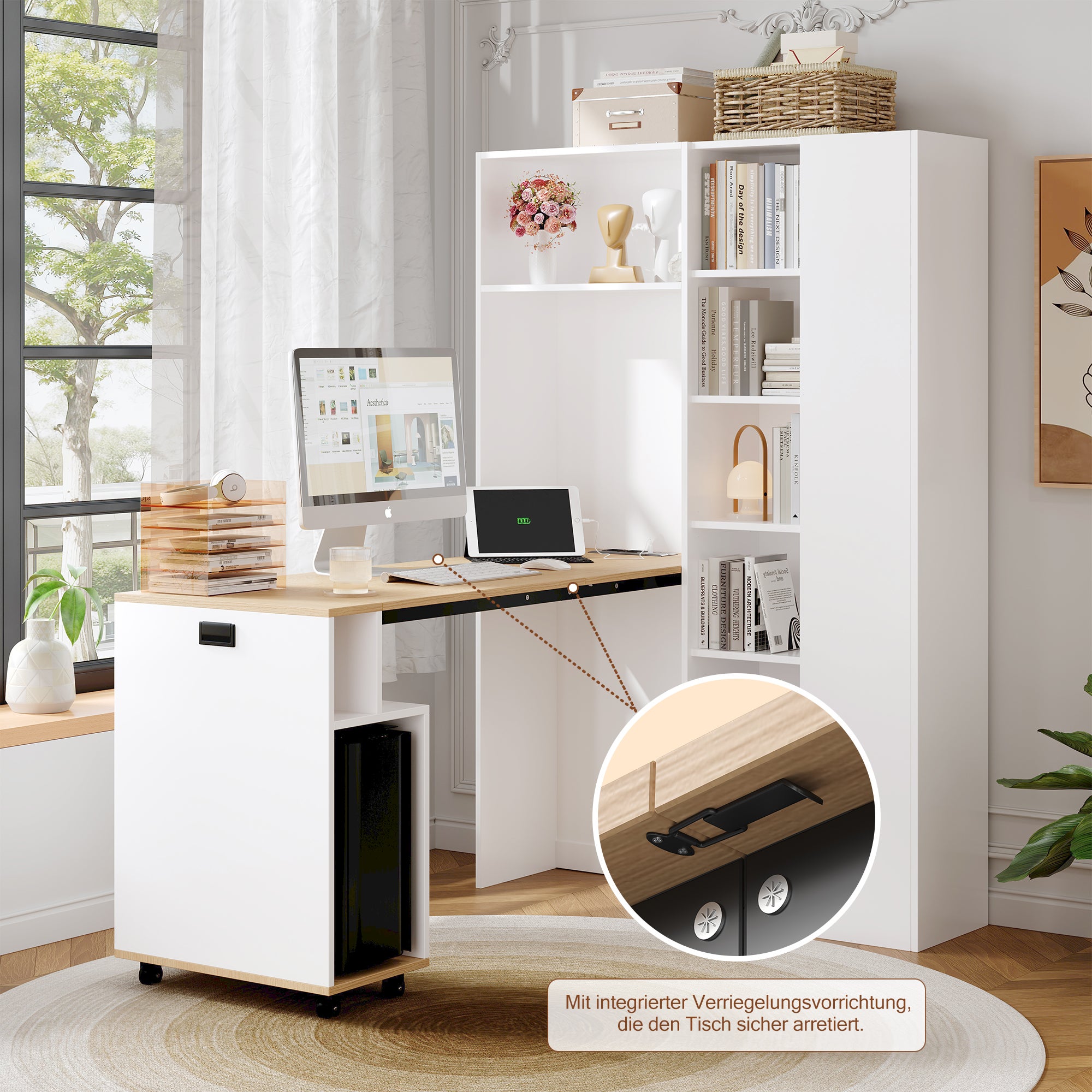 Bureau pliable avec Bibliothèque - 139 x 50 x 71 cm + 104.5 x 30.5 x 160 cm - MDF - Prises de charge et USB - Etagères réglables - Blanc - 5