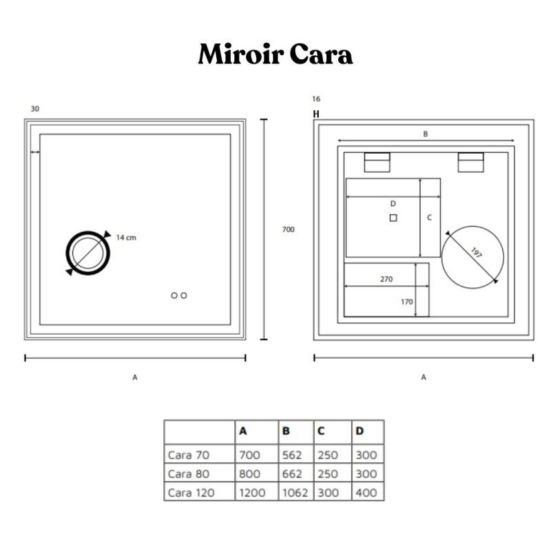 Miroir LED cadre doré cuivré CARA 80 cm x 70 cm - antibuée, horloge et loupe - 7