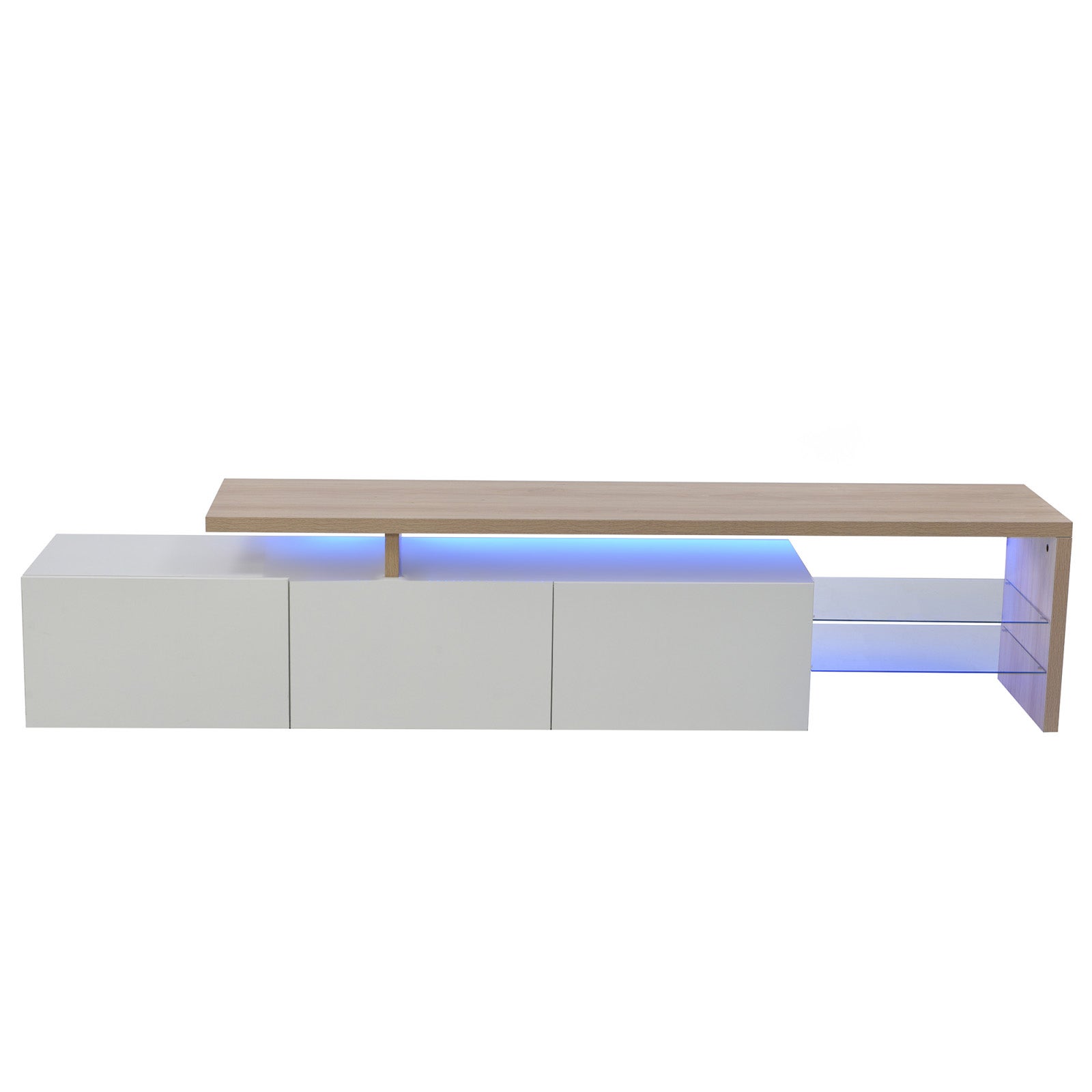 Meuble TV Moderne avec lumières LED Variables, 3 Portes et étagères en Verre – Blanc - 8