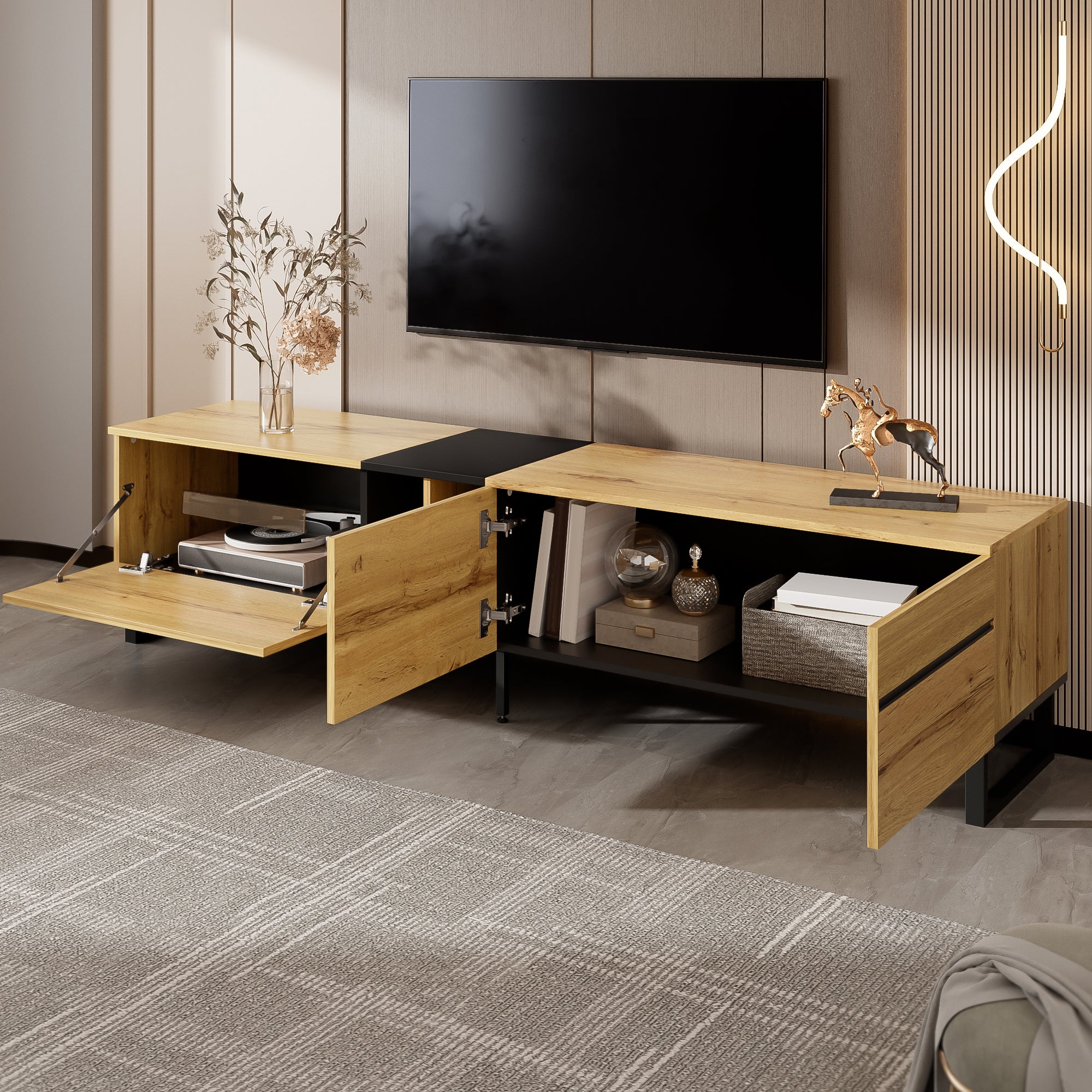 Stolik pod TV z 3 drzwiami i 2 półkami - 180 x 38 x 45 cm - Płyta wiórowa - Kolor drewna - 3