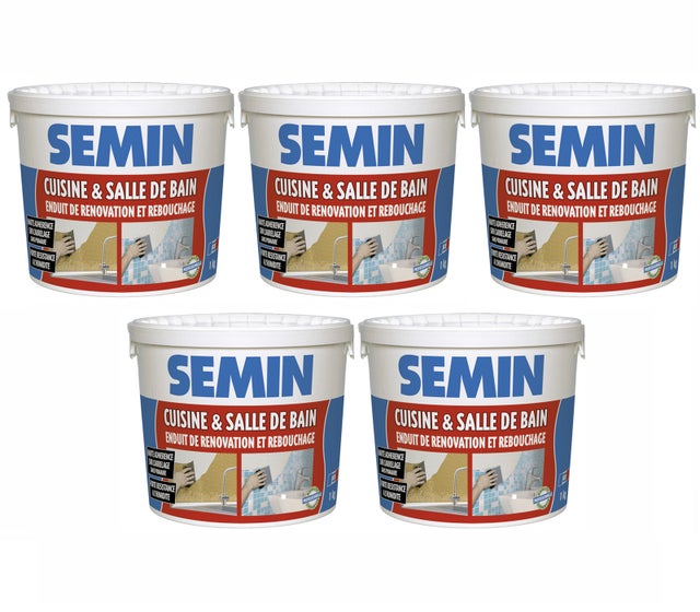 Lot de 5 enduits de rebouchage et rénovation spécial cuisine et salle de bain Semin - adapté aux pièces humides - seau de 1 kg
