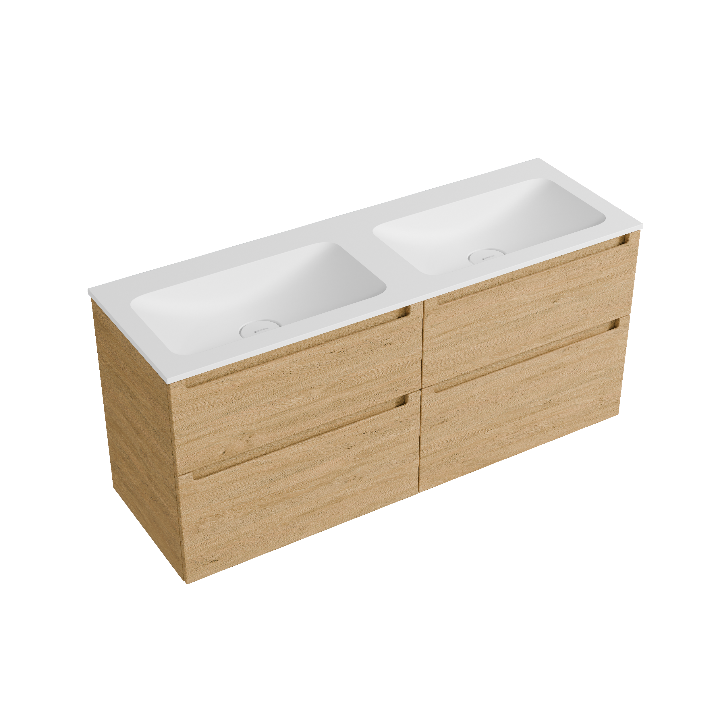 BERNSTEIN - Meuble double vasque suspendu MDF Chêne miel, lavabos fonte Blanc mat sans trou robinet, tiroirs pivotants - 120x46x62cm - VIREO - 4