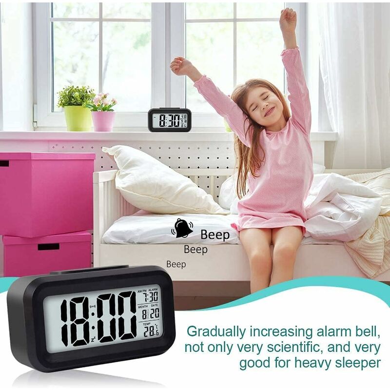 Réveil numérique silencieux à piles (noir, 13,8 x 8 x 4,5 cm), avec grand écran LED, affichage de la température et calendrier. Fonctionne avec un c - 3