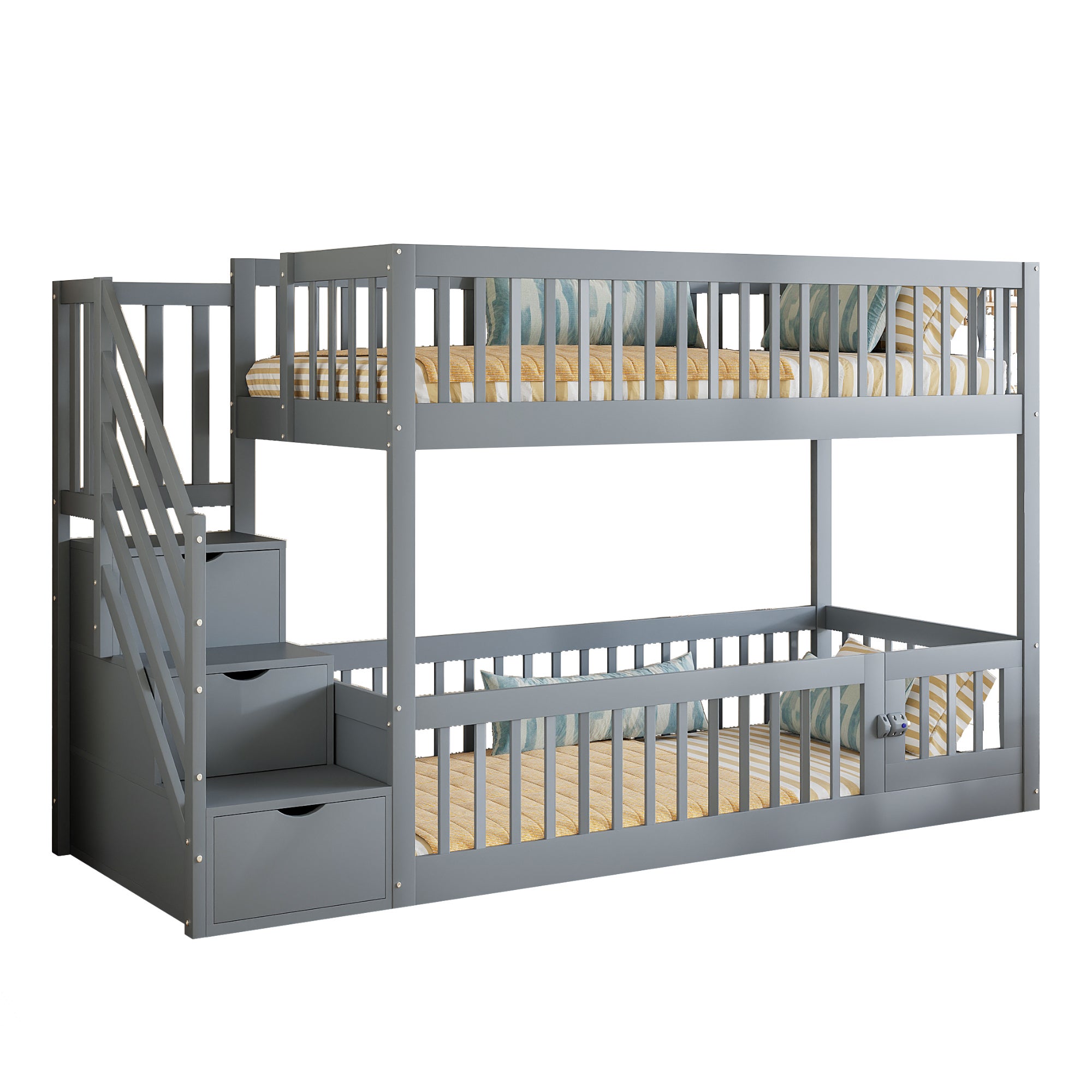 Lit superposé 90x200cm - avec escalier de sécurité - avec 3 tiroirs - Gris (matelas non inclus) - 4