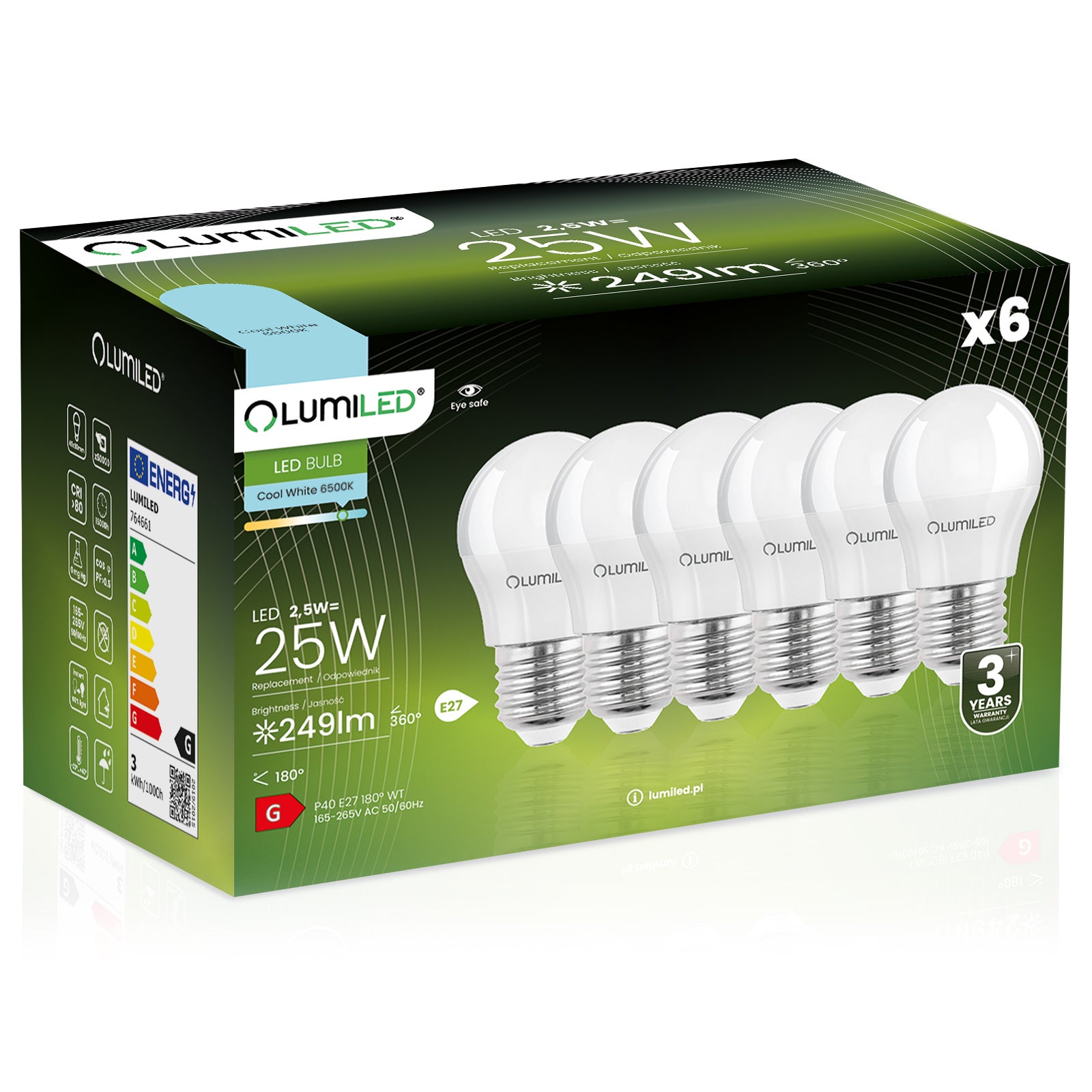 6x Żarówka Lumiled LED E27 Kulka P45 2,5W = 25W 249lm 6500K Zimna 180st